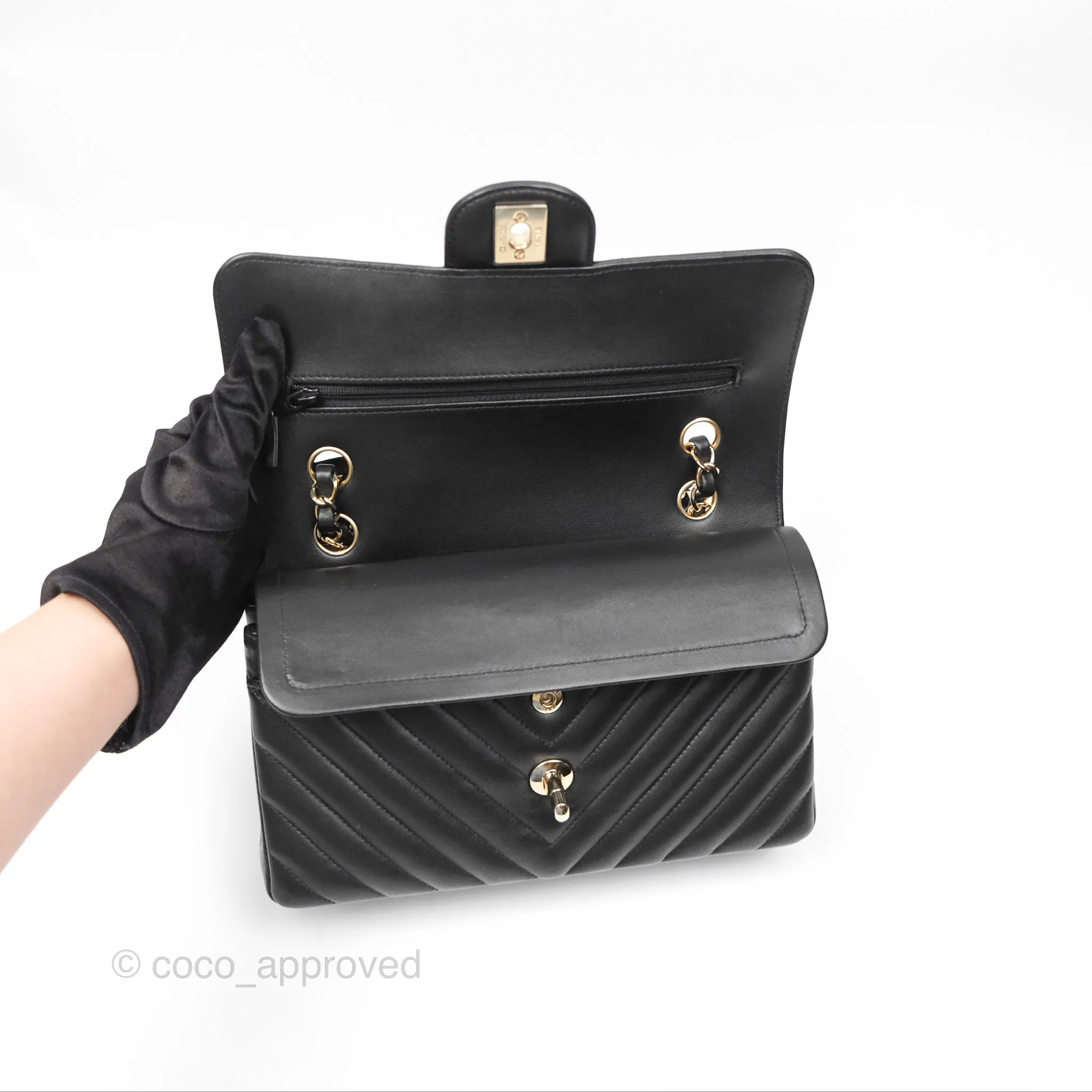Chanel Small Classic Chevron Flap Black Lambskin Gold Hardware