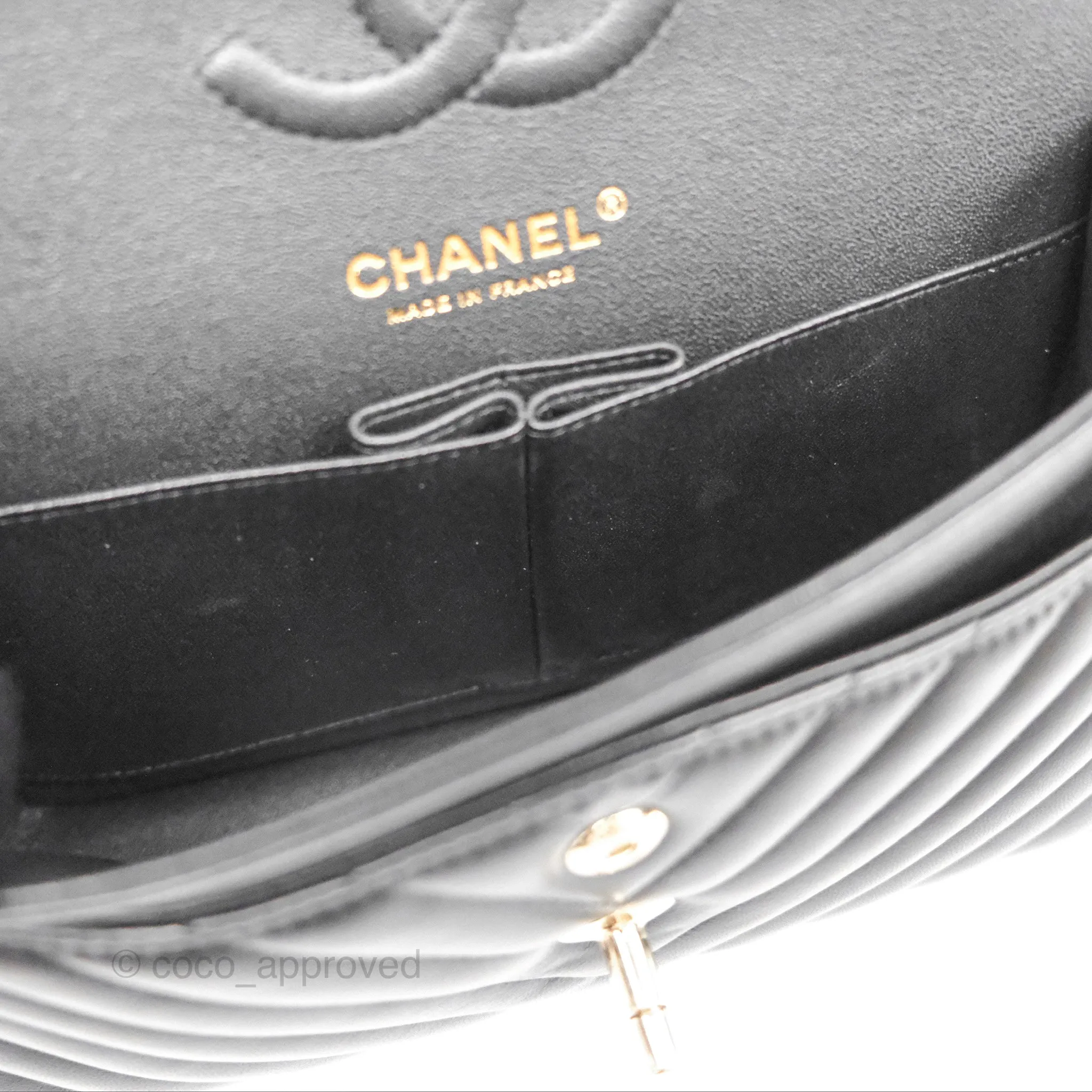 Chanel Small Classic Chevron Flap Black Lambskin Gold Hardware