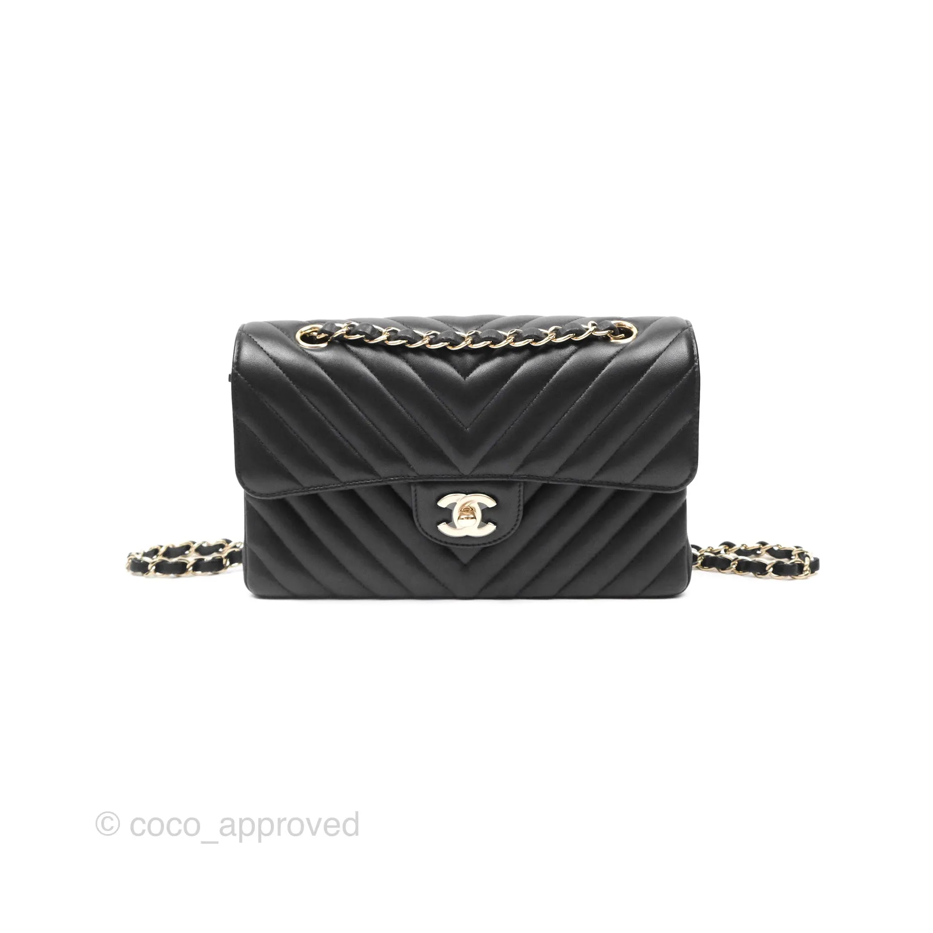 Chanel Small Classic Chevron Flap Black Lambskin Gold Hardware