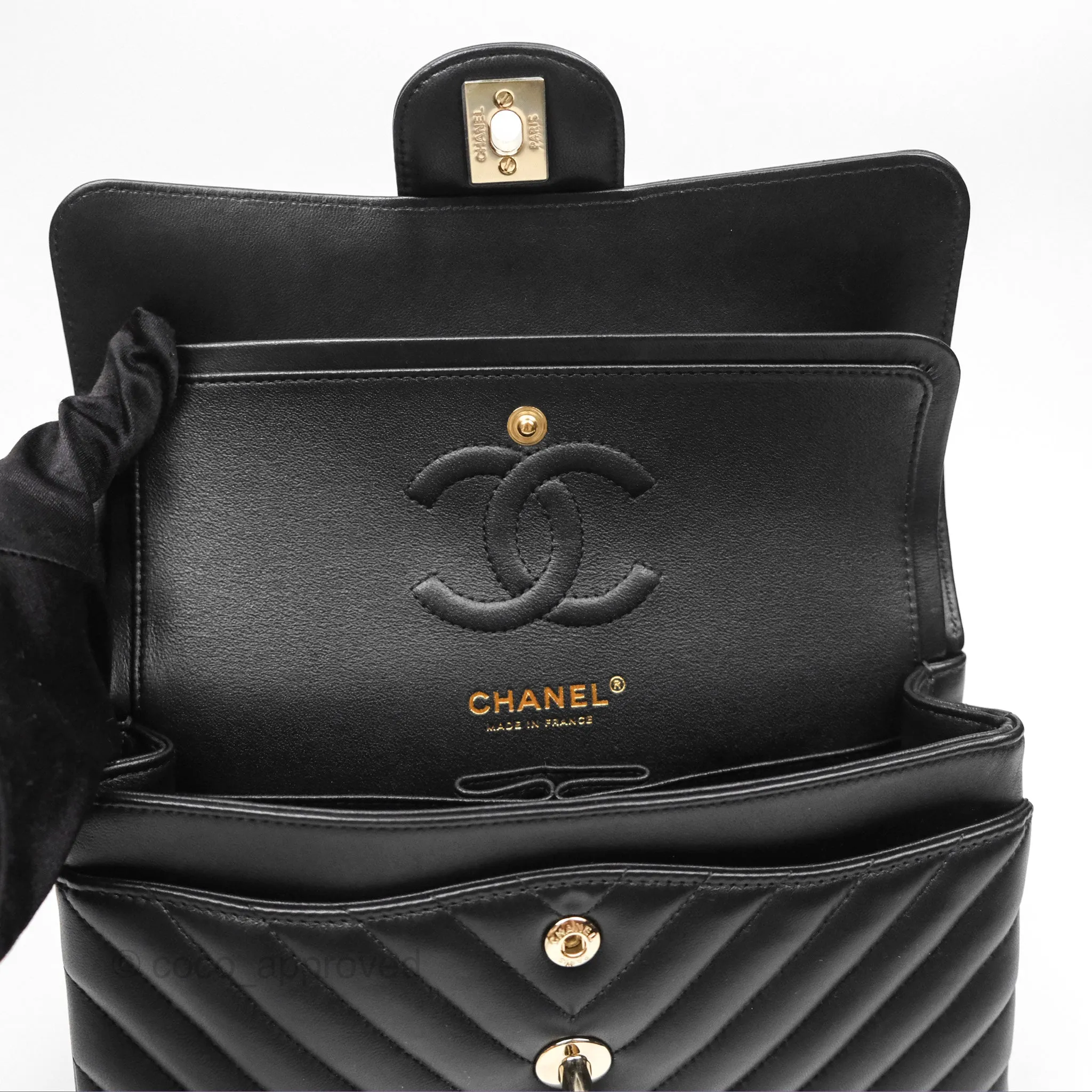 Chanel Small Classic Chevron Flap Black Lambskin Gold Hardware