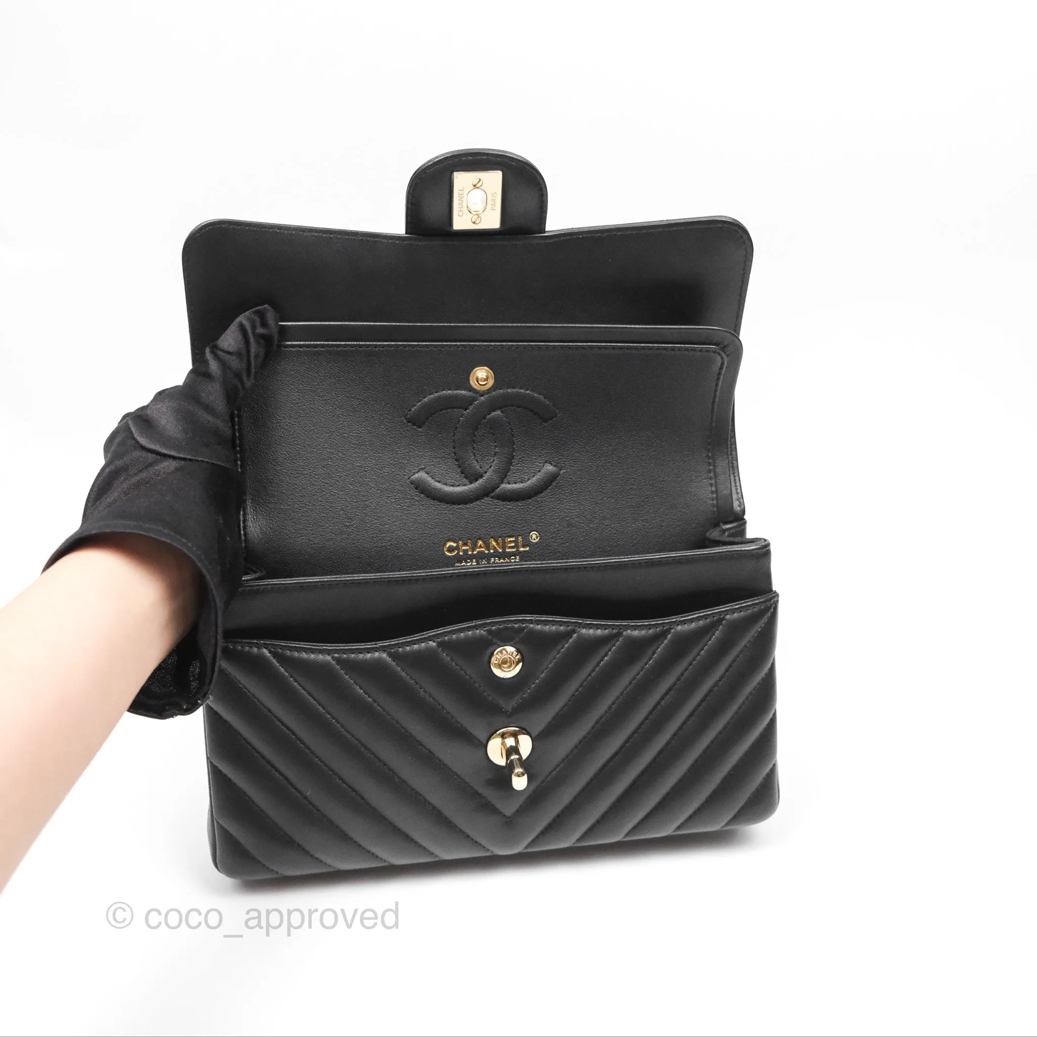 Chanel Small Classic Chevron Flap Black Lambskin Gold Hardware