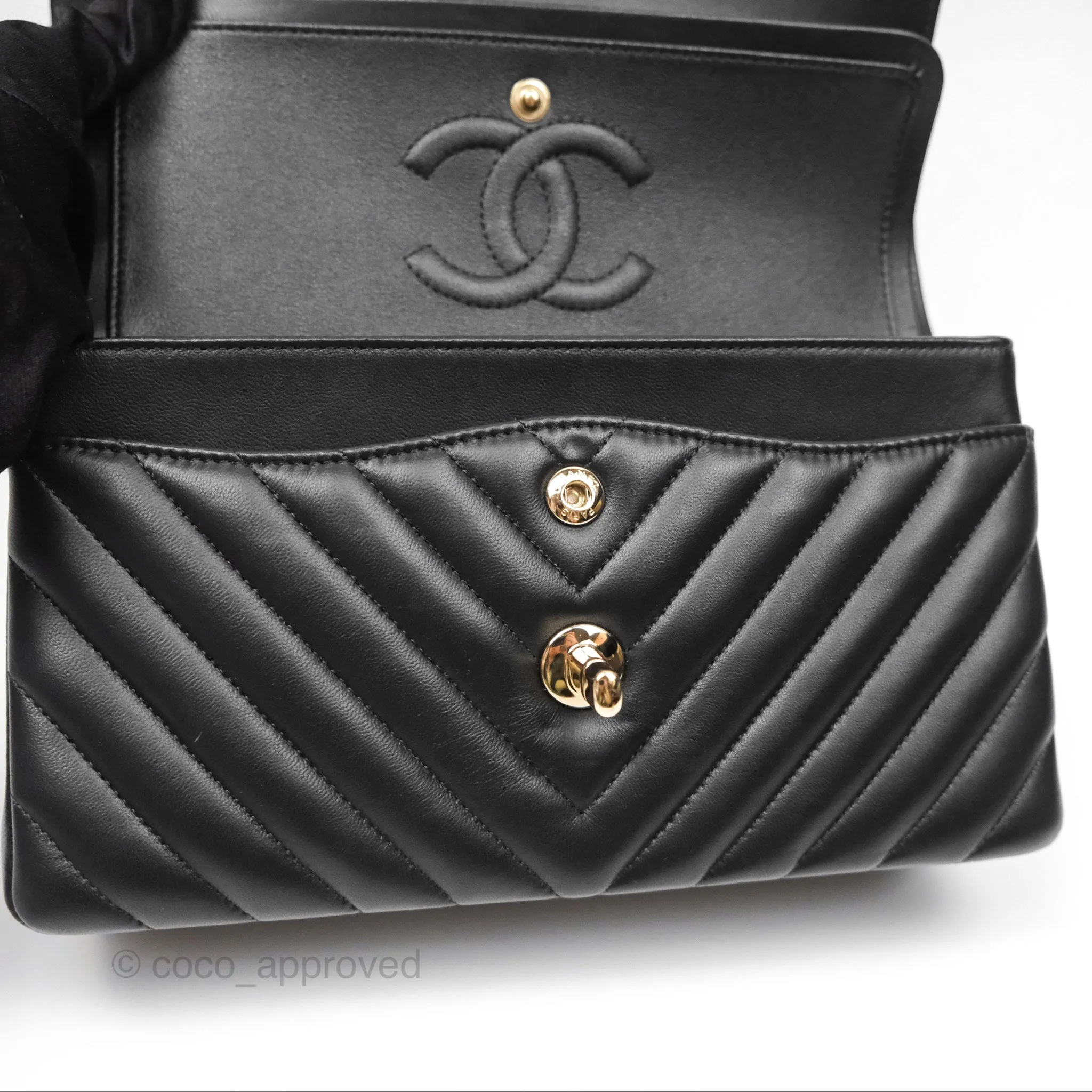 Chanel Small Classic Chevron Flap Black Lambskin Gold Hardware