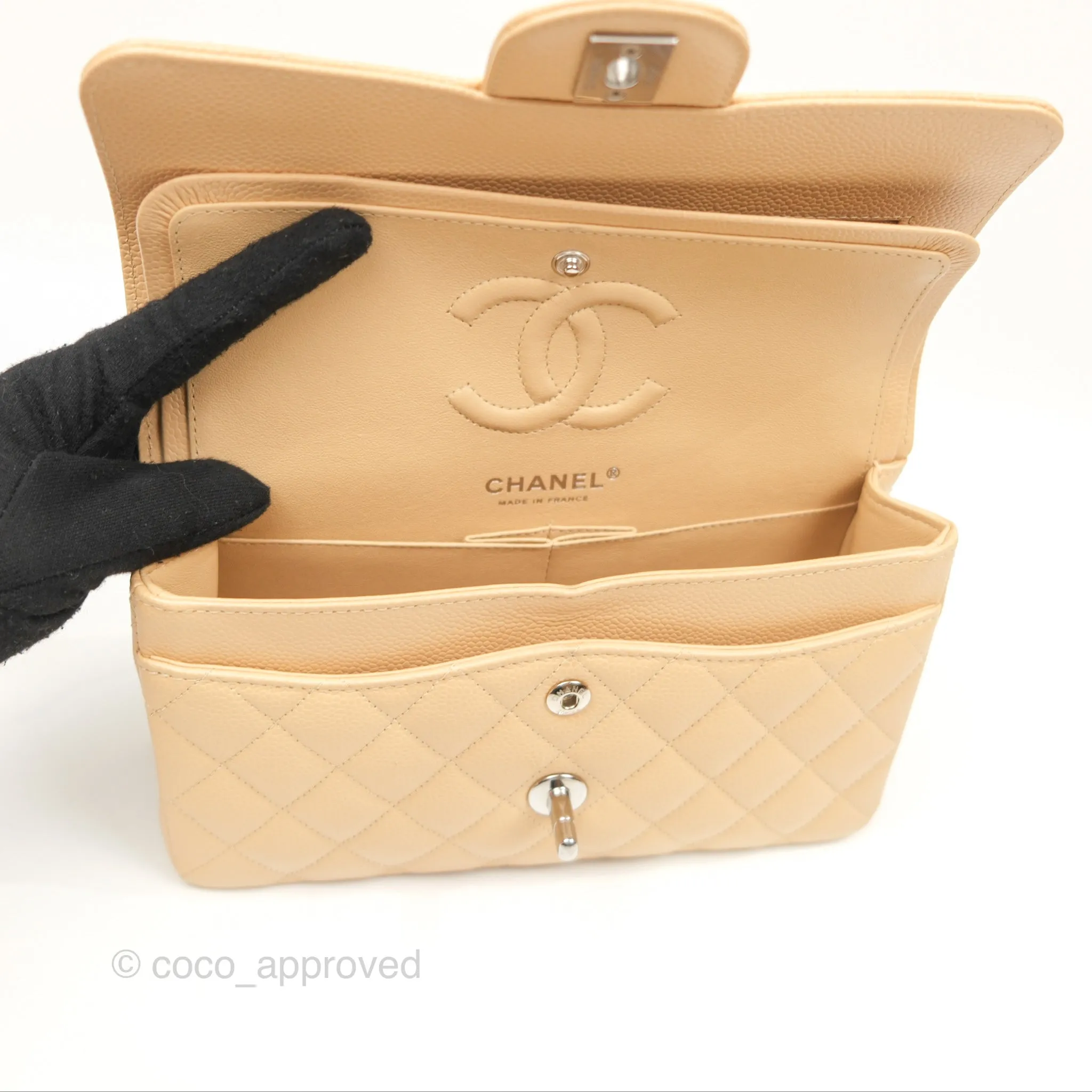 Chanel Small Classic Quilted Flap Beige Caviar Silver Hardware