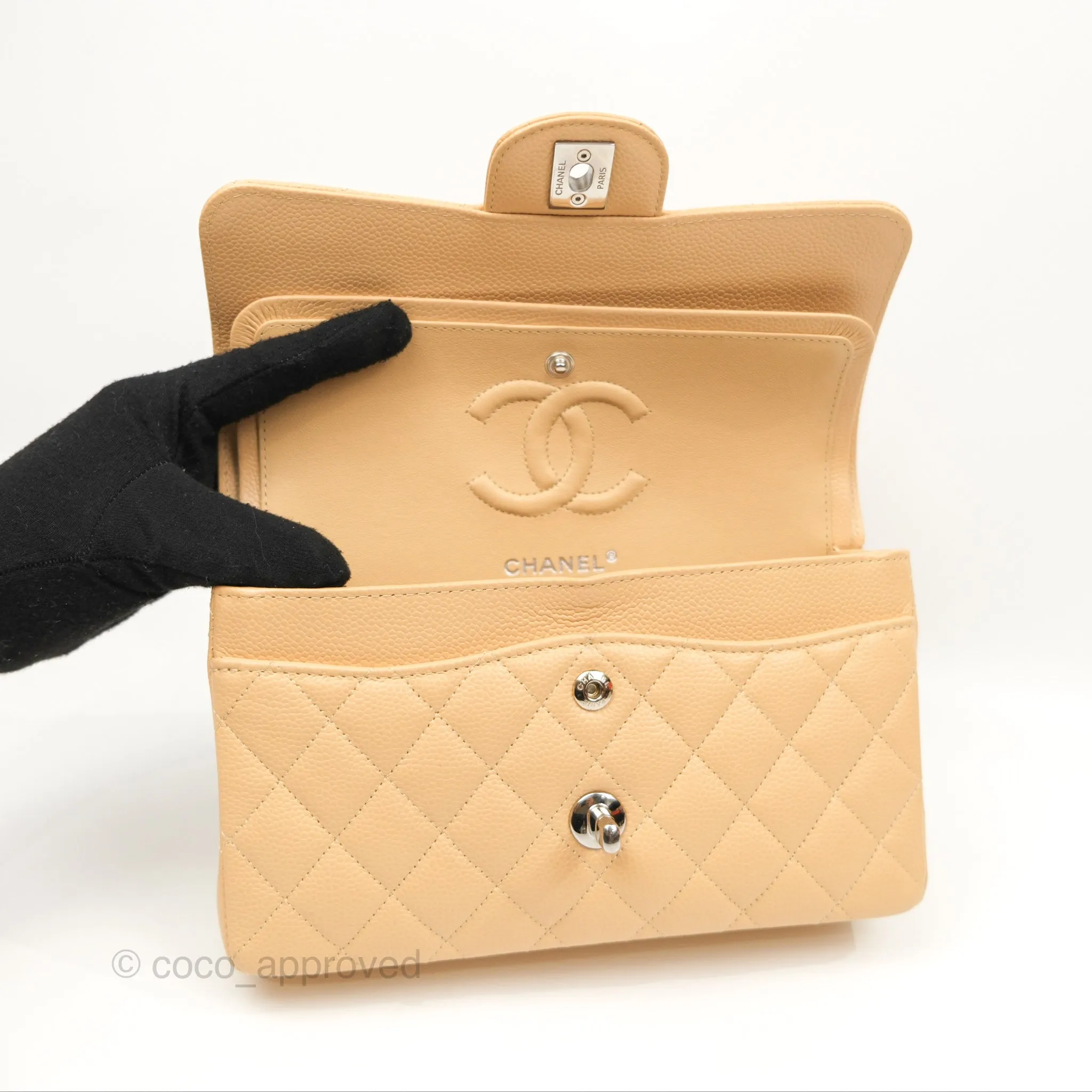 Chanel Small Classic Quilted Flap Beige Caviar Silver Hardware