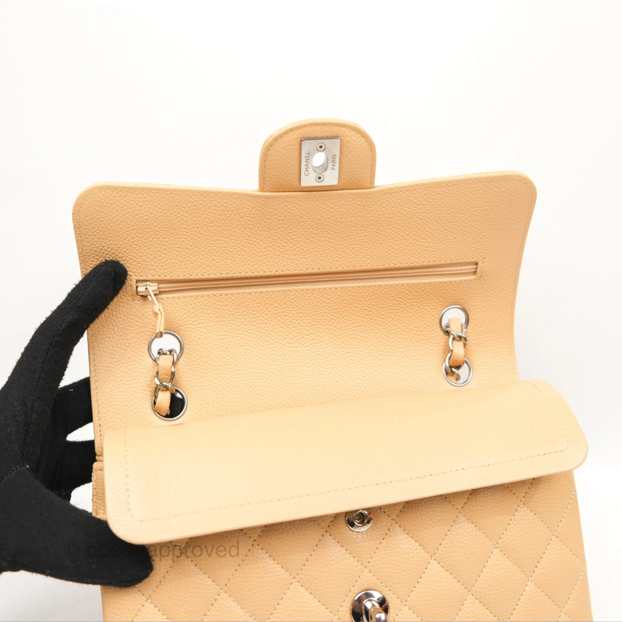 Chanel Small Classic Quilted Flap Beige Caviar Silver Hardware