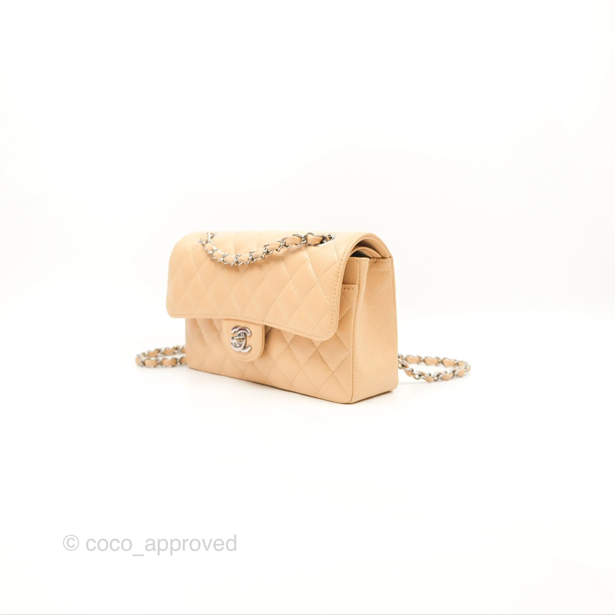 Chanel Small Classic Quilted Flap Beige Caviar Silver Hardware