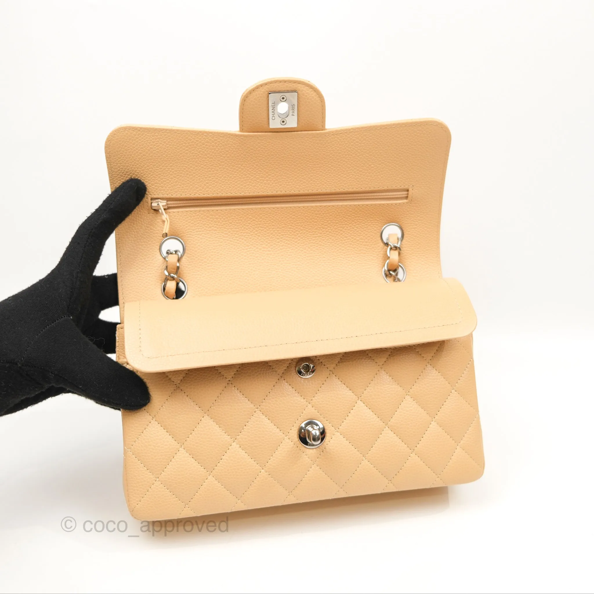 Chanel Small Classic Quilted Flap Beige Caviar Silver Hardware