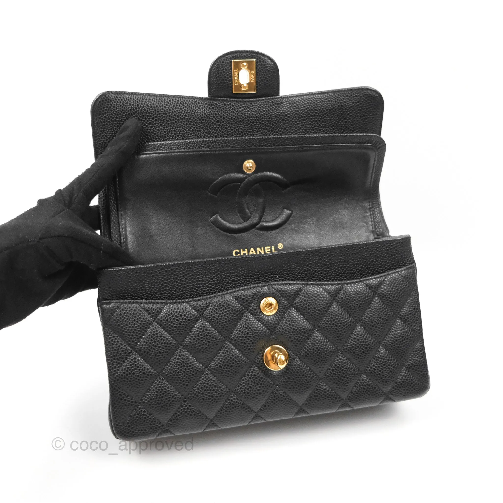 Chanel Small Classic Quilted Flap Black Caviar Gold Hardware