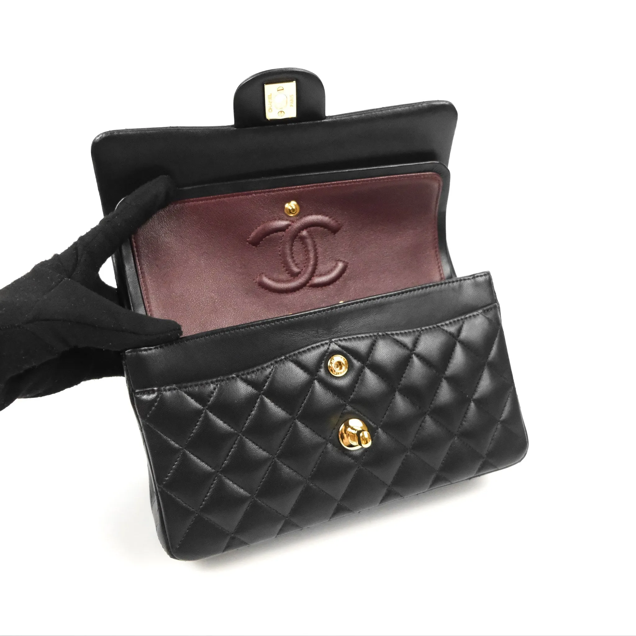 Chanel Small Classic Quilted Flap Black Lambskin Gold Hardware