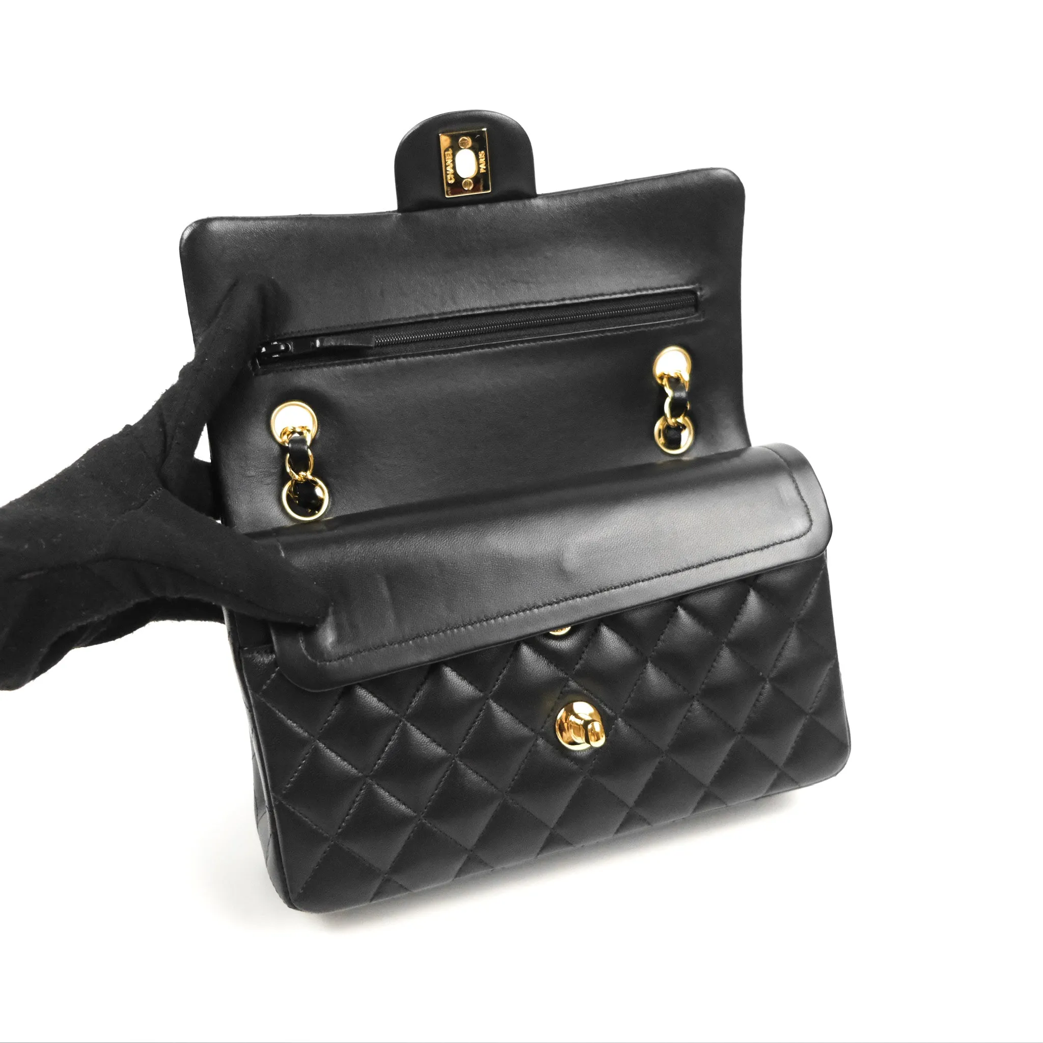 Chanel Small Classic Quilted Flap Black Lambskin Gold Hardware