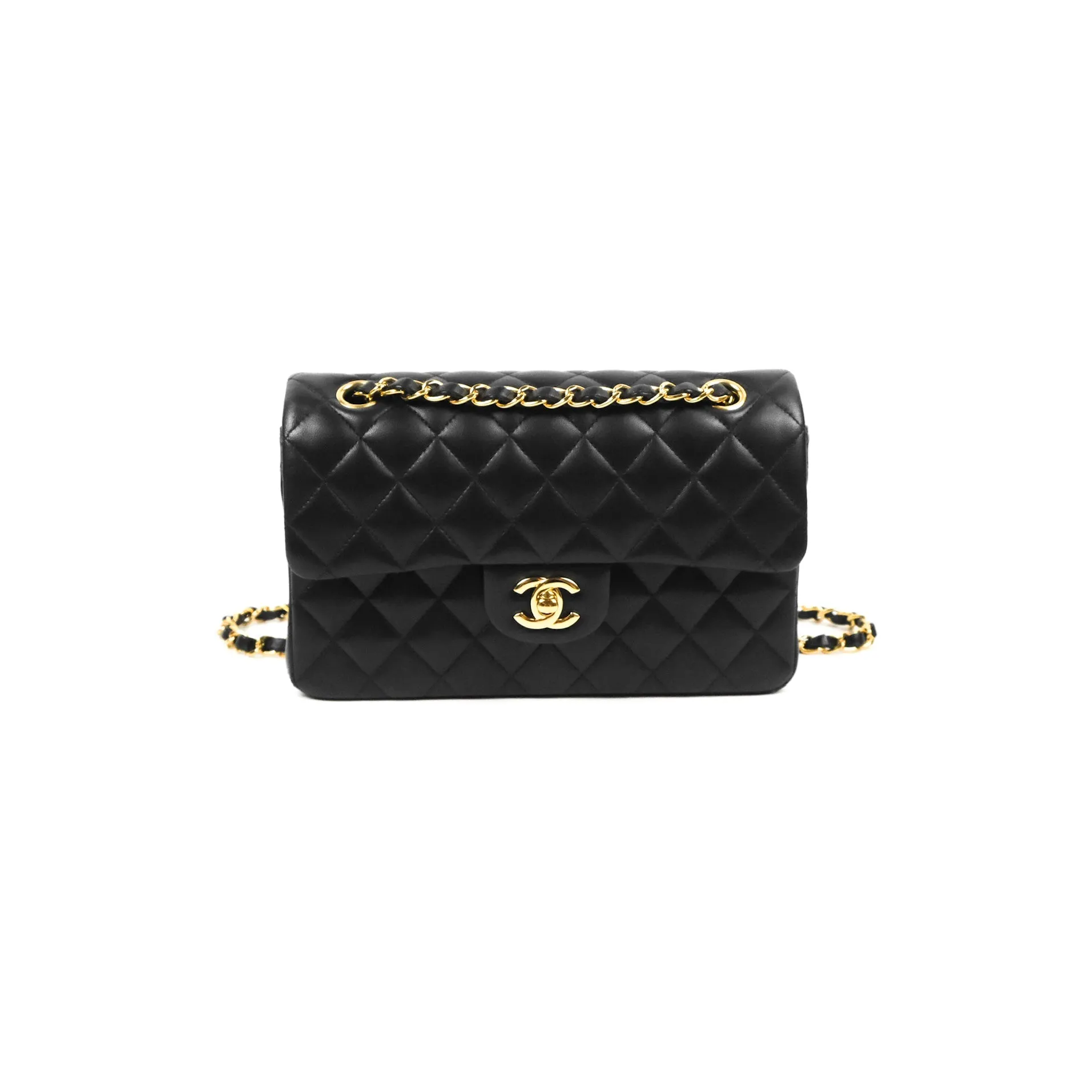 Chanel Small Classic Quilted Flap Black Lambskin Gold Hardware