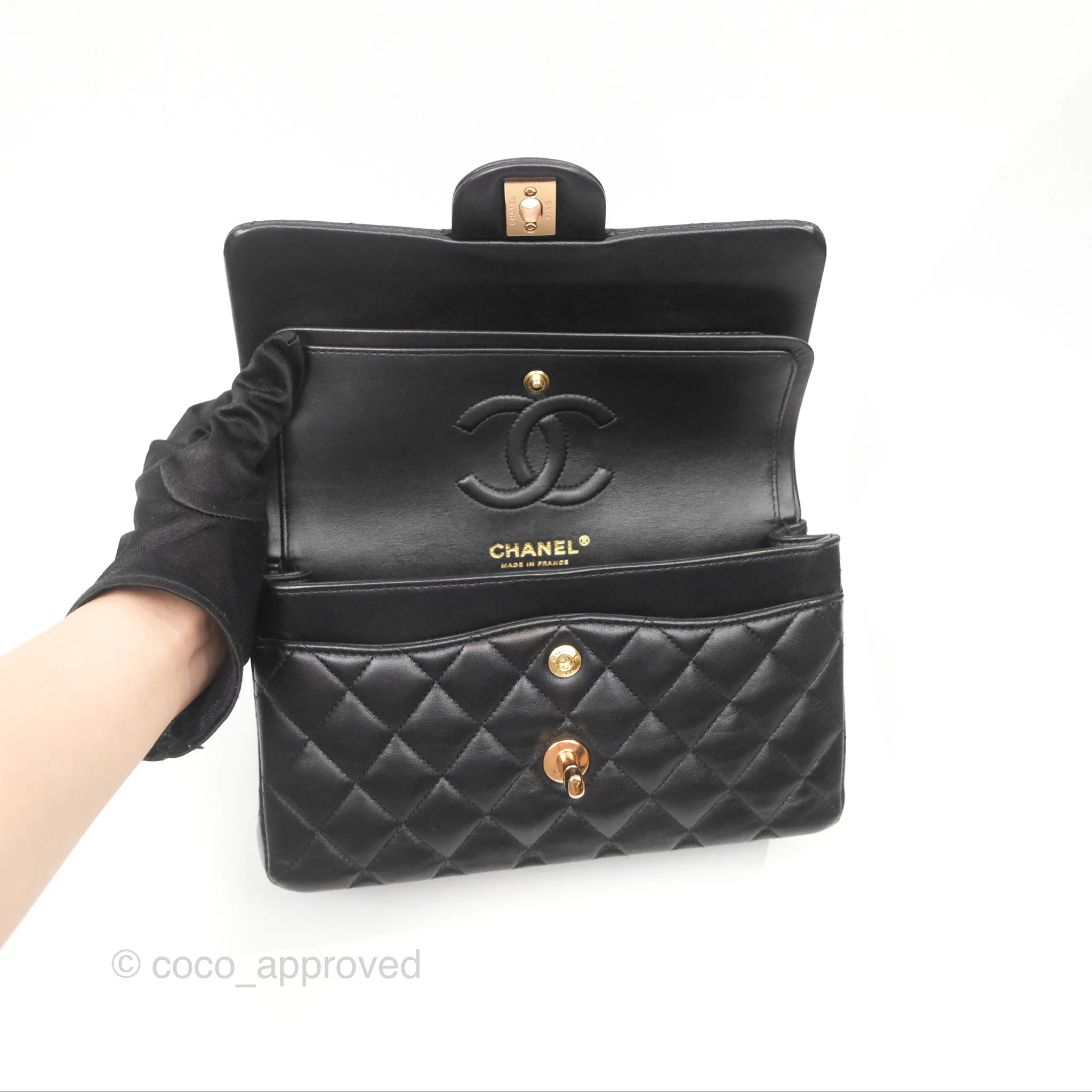 Chanel Small Classic Quilted Flap Black Lambskin Rose Gold Hardware