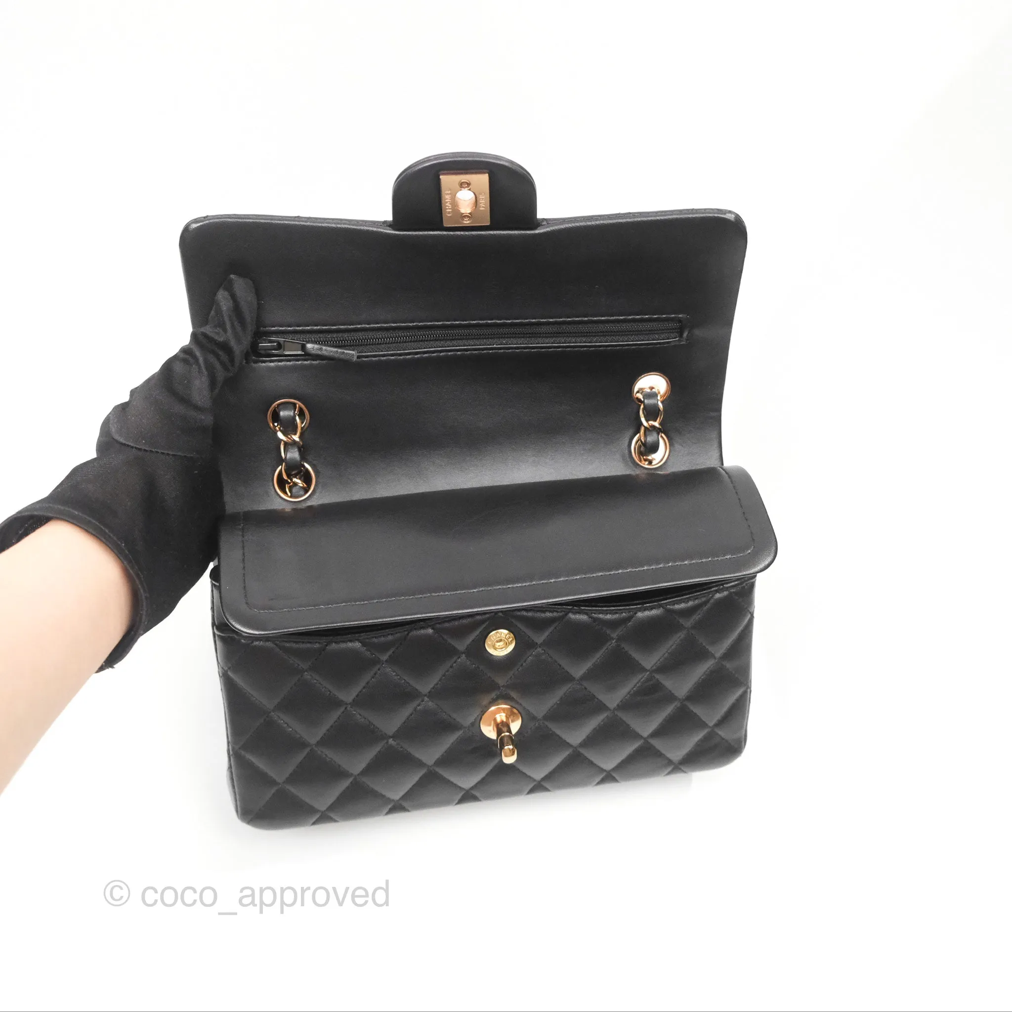 Chanel Small Classic Quilted Flap Black Lambskin Rose Gold Hardware
