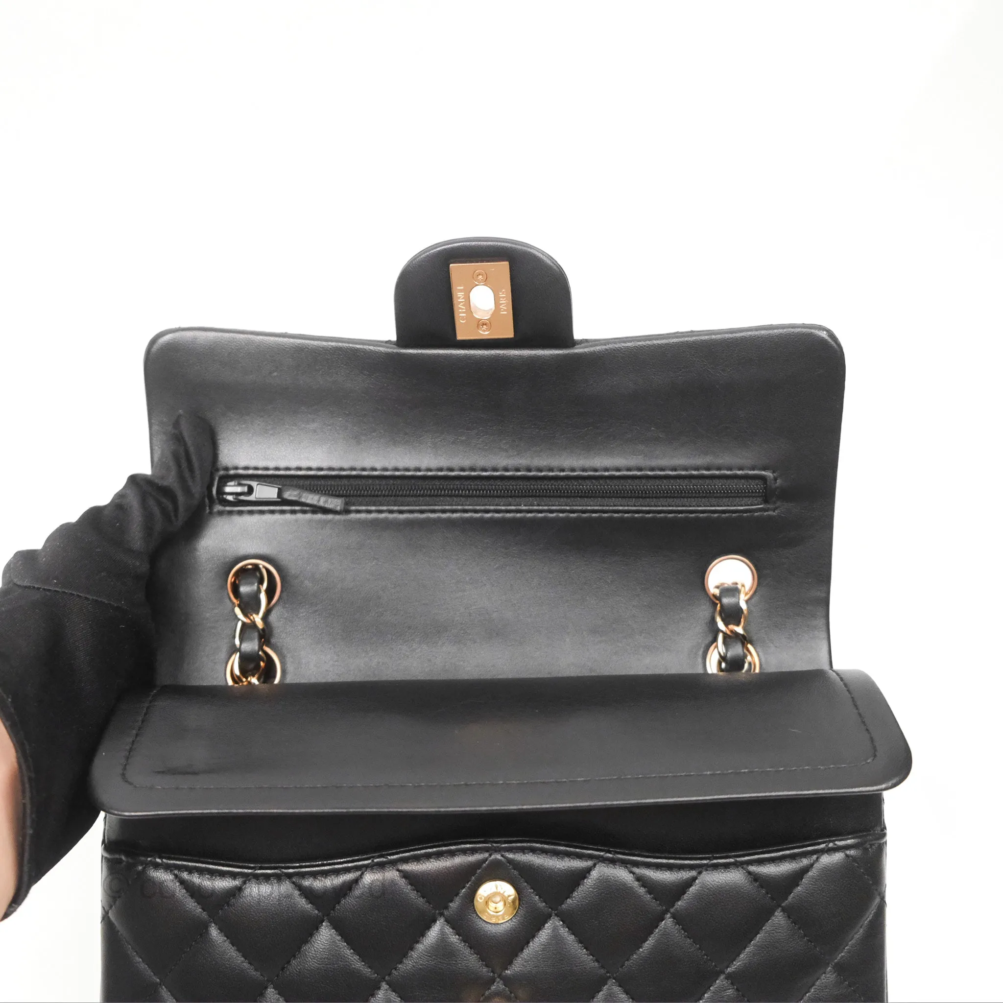 Chanel Small Classic Quilted Flap Black Lambskin Rose Gold Hardware