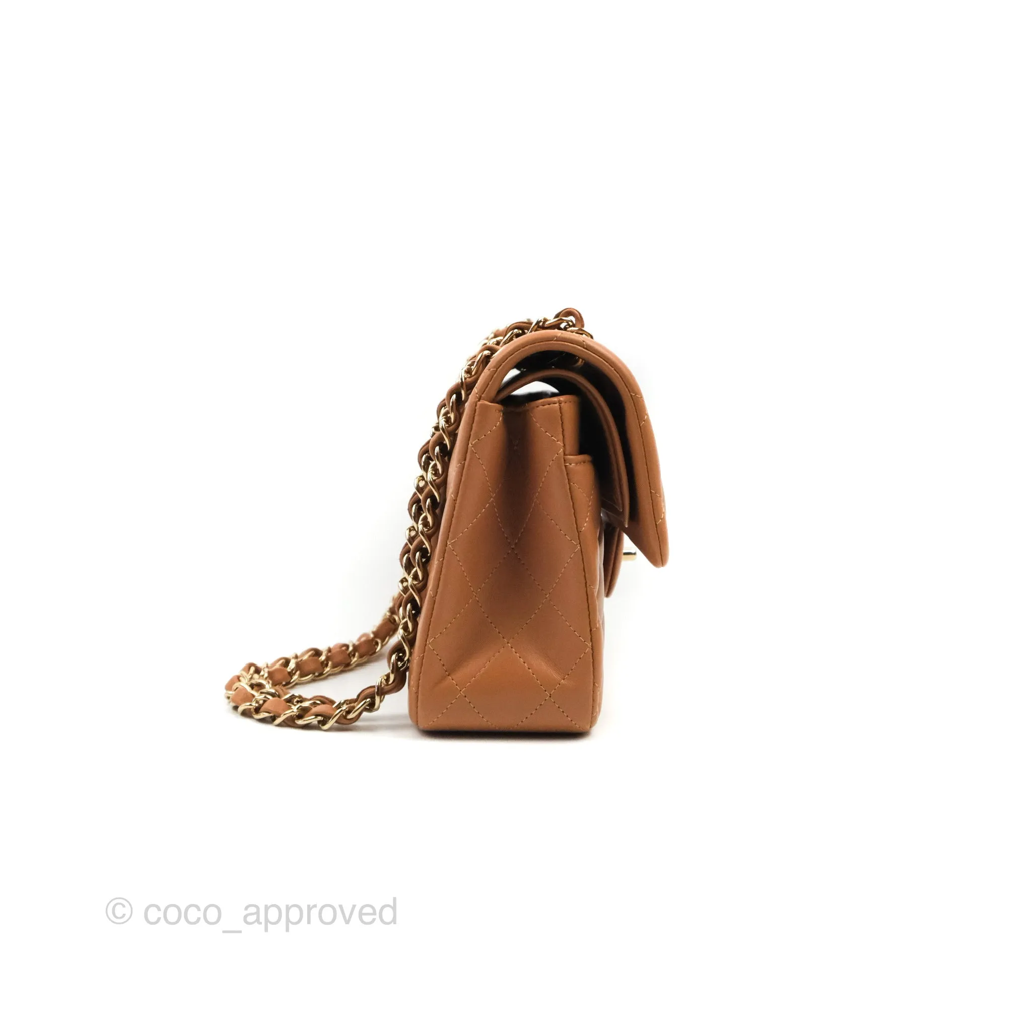 Chanel Small Classic Quilted Flap Dark Beige Caramel Lambskin Gold Hardware 21P