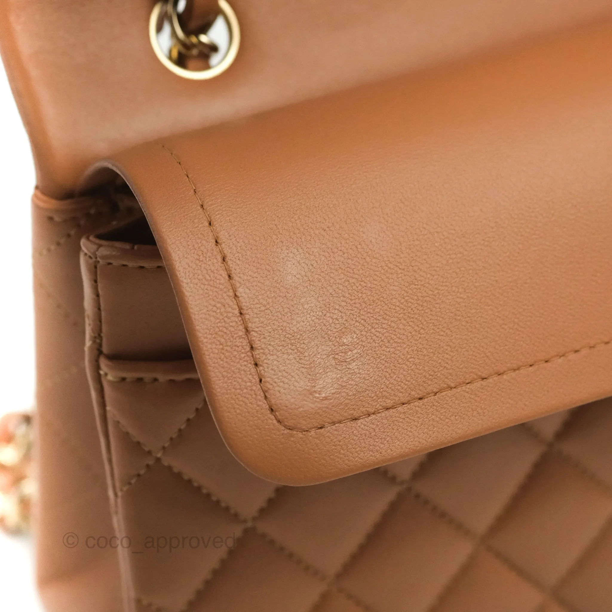 Chanel Small Classic Quilted Flap Dark Beige Caramel Lambskin Gold Hardware 21P