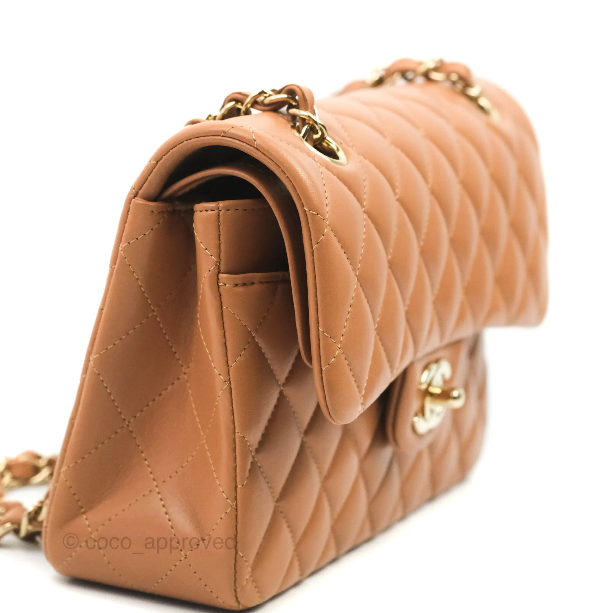 Chanel Small Classic Quilted Flap Dark Beige Caramel Lambskin Gold Hardware 21P