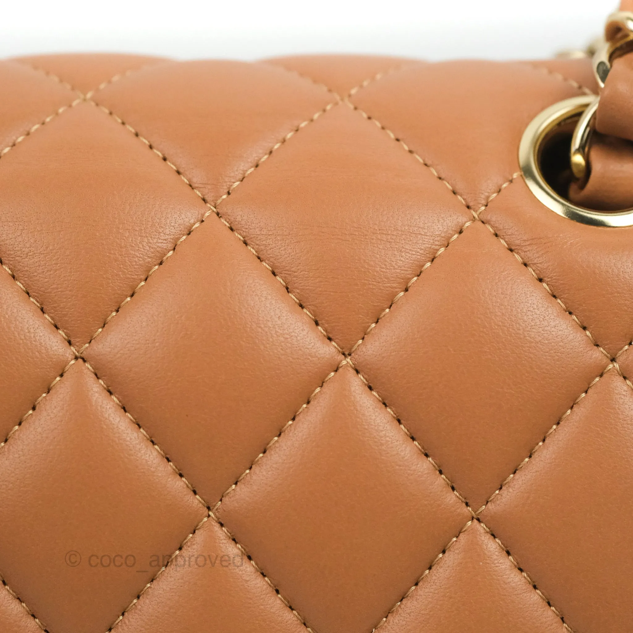 Chanel Small Classic Quilted Flap Dark Beige Caramel Lambskin Gold Hardware 21P