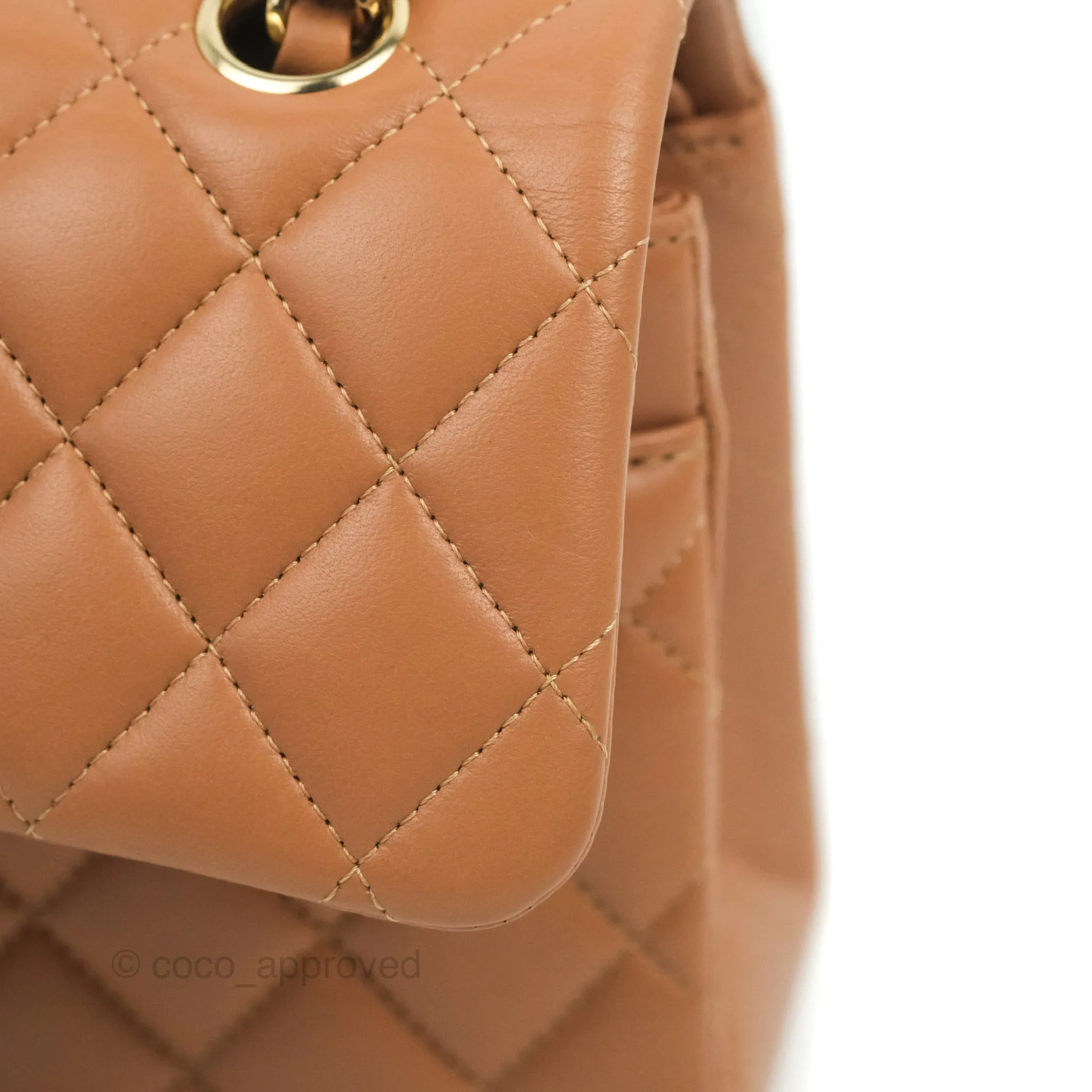 Chanel Small Classic Quilted Flap Dark Beige Caramel Lambskin Gold Hardware 21P