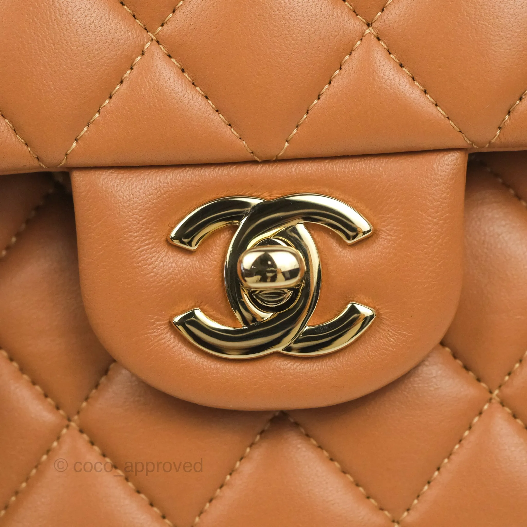 Chanel Small Classic Quilted Flap Dark Beige Caramel Lambskin Gold Hardware 21P