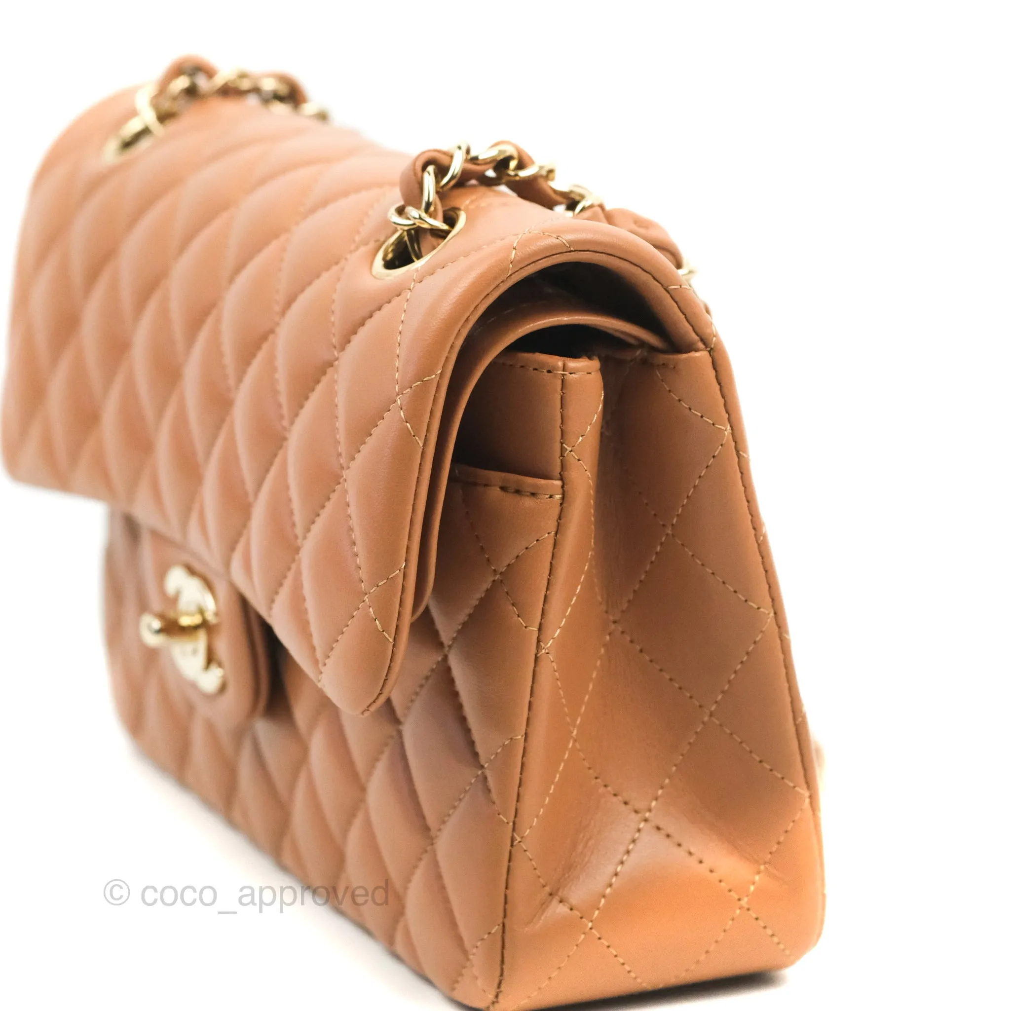 Chanel Small Classic Quilted Flap Dark Beige Caramel Lambskin Gold Hardware 21P