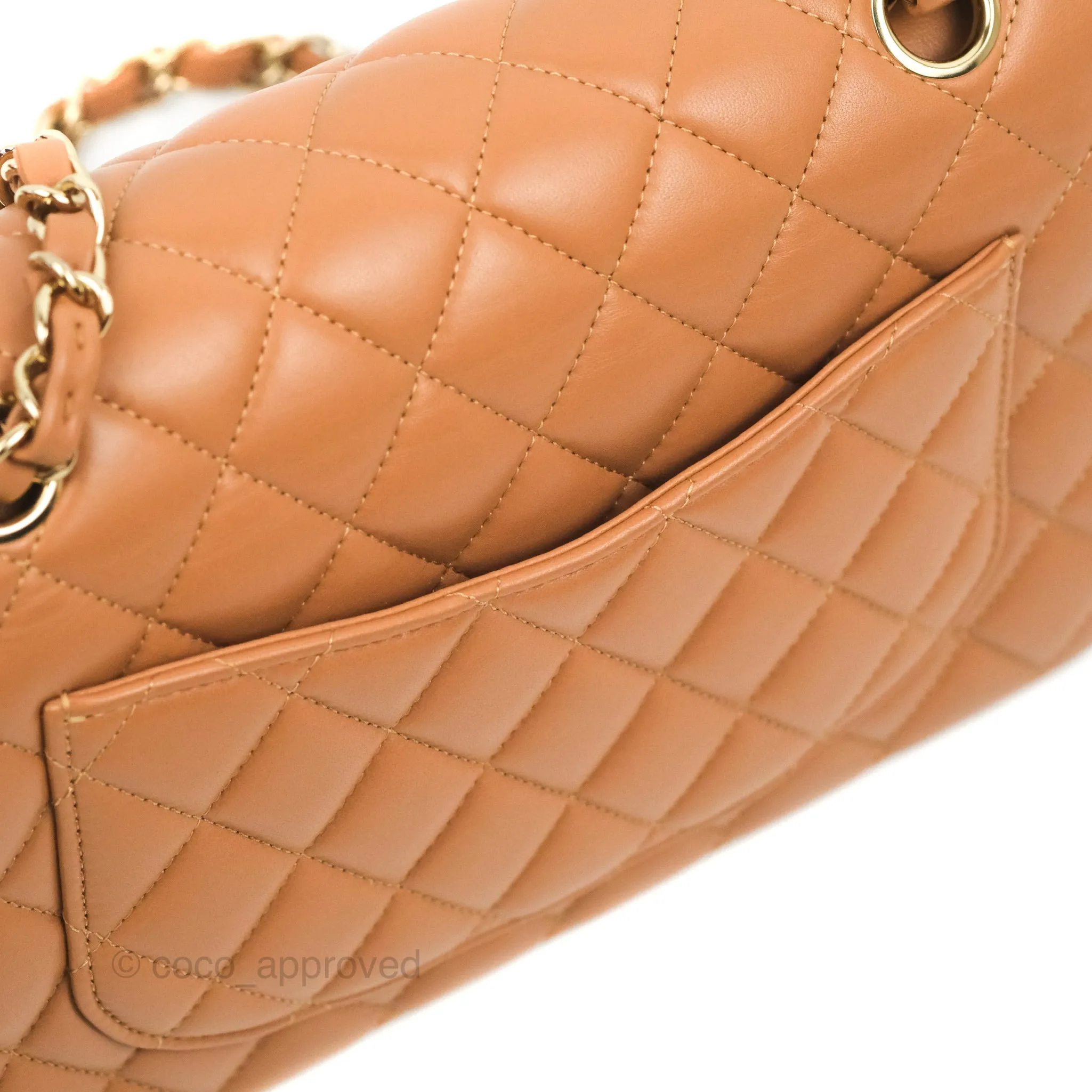 Chanel Small Classic Quilted Flap Dark Beige Caramel Lambskin Gold Hardware 21P
