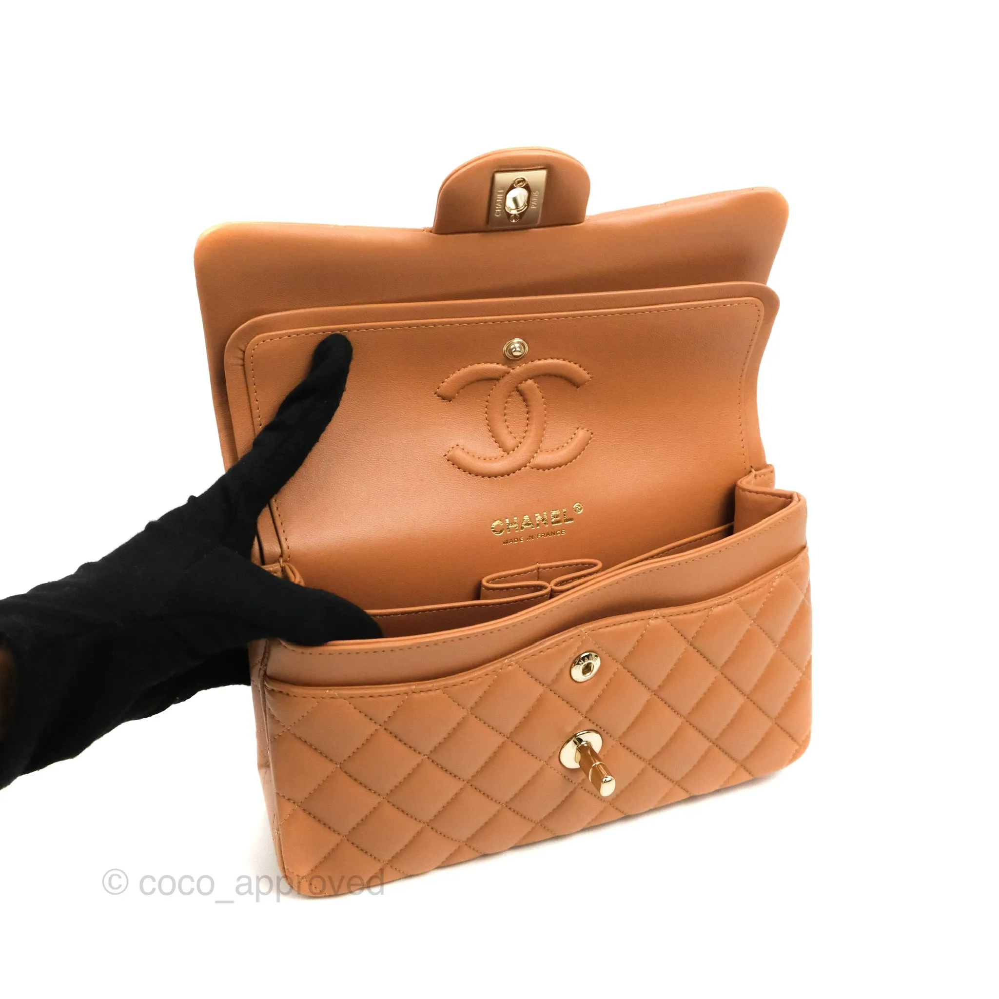 Chanel Small Classic Quilted Flap Dark Beige Caramel Lambskin Gold Hardware 21P
