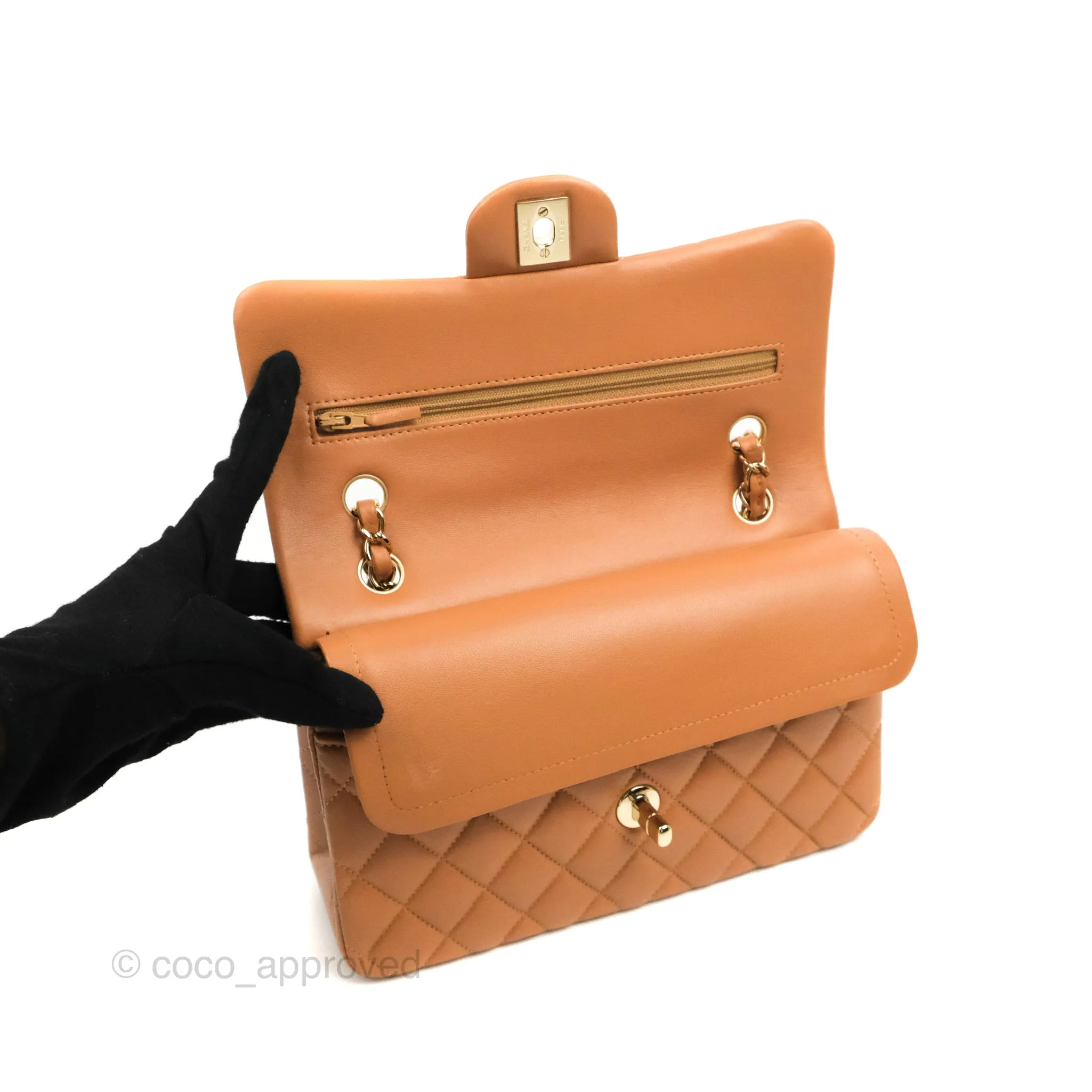 Chanel Small Classic Quilted Flap Dark Beige Caramel Lambskin Gold Hardware 21P