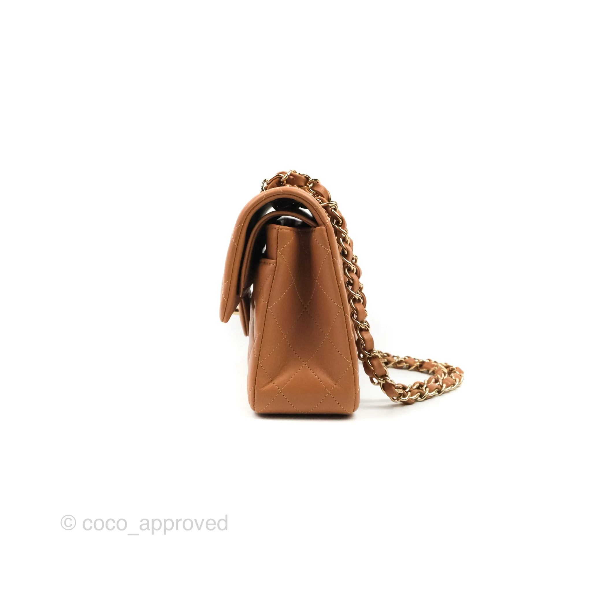 Chanel Small Classic Quilted Flap Dark Beige Caramel Lambskin Gold Hardware 21P
