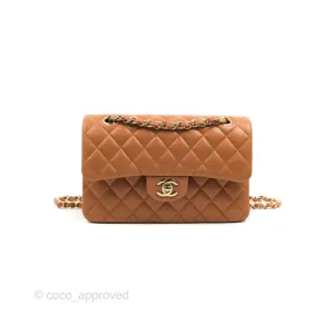 Chanel Small Classic Quilted Flap Dark Beige Caramel Lambskin Gold Hardware 21P
