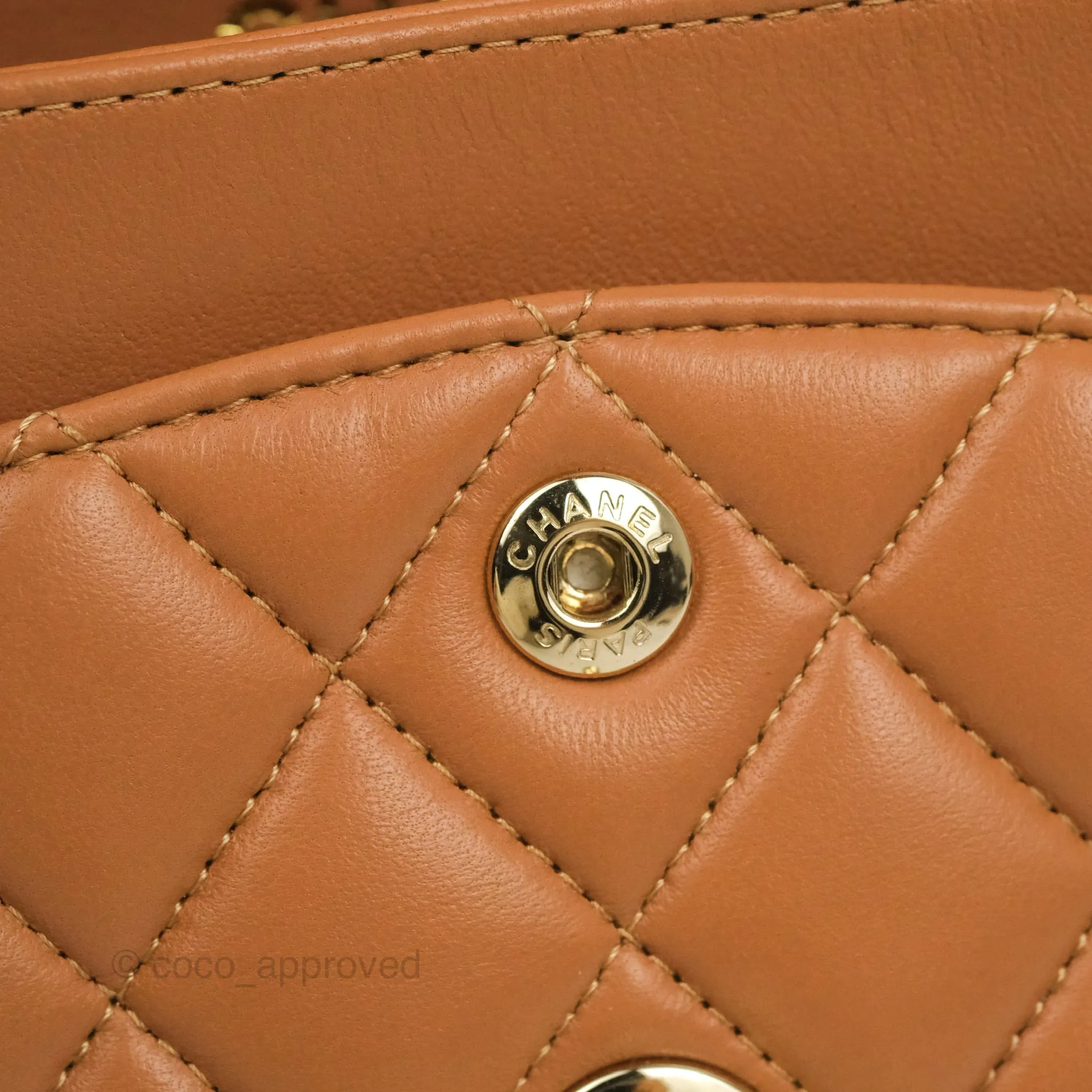 Chanel Small Classic Quilted Flap Dark Beige Caramel Lambskin Gold Hardware 21P