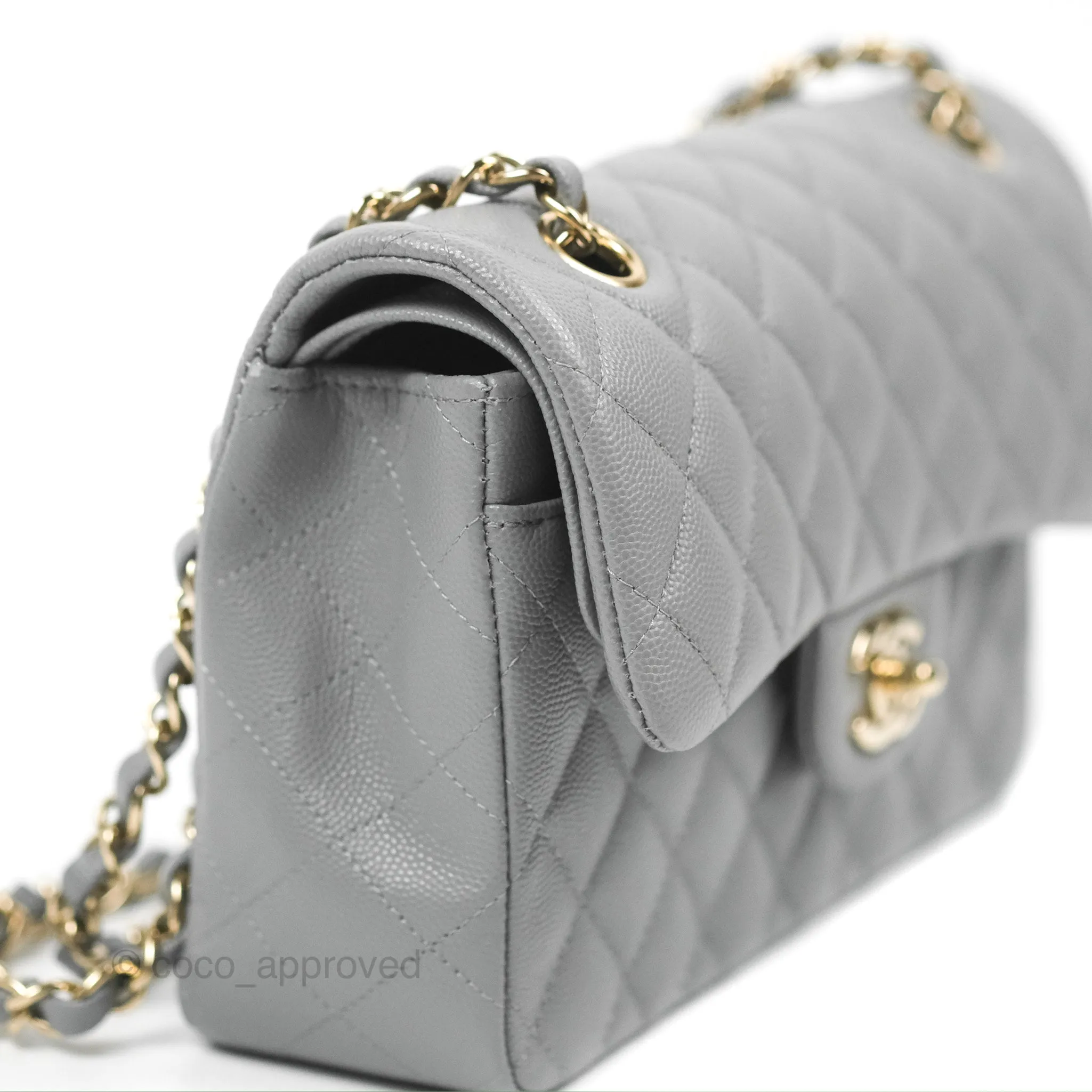 Chanel Small Classic Quilted Flap Grey Caviar Gold Hardware 20C