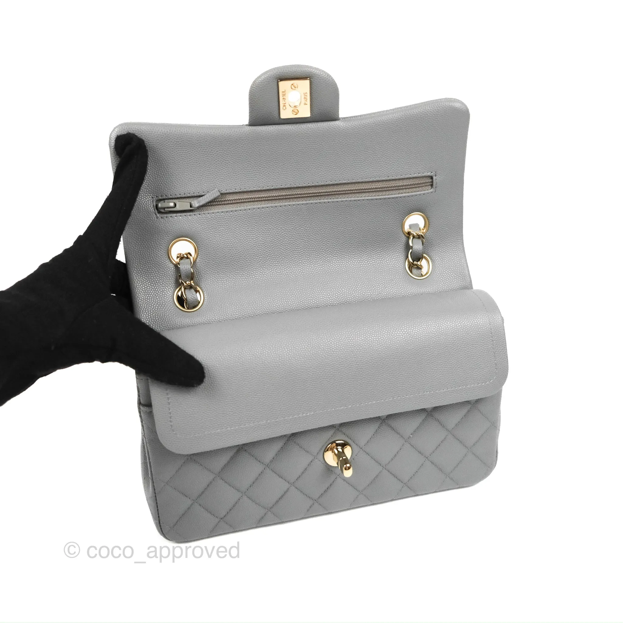 Chanel Small Classic Quilted Flap Grey Caviar Gold Hardware 20C