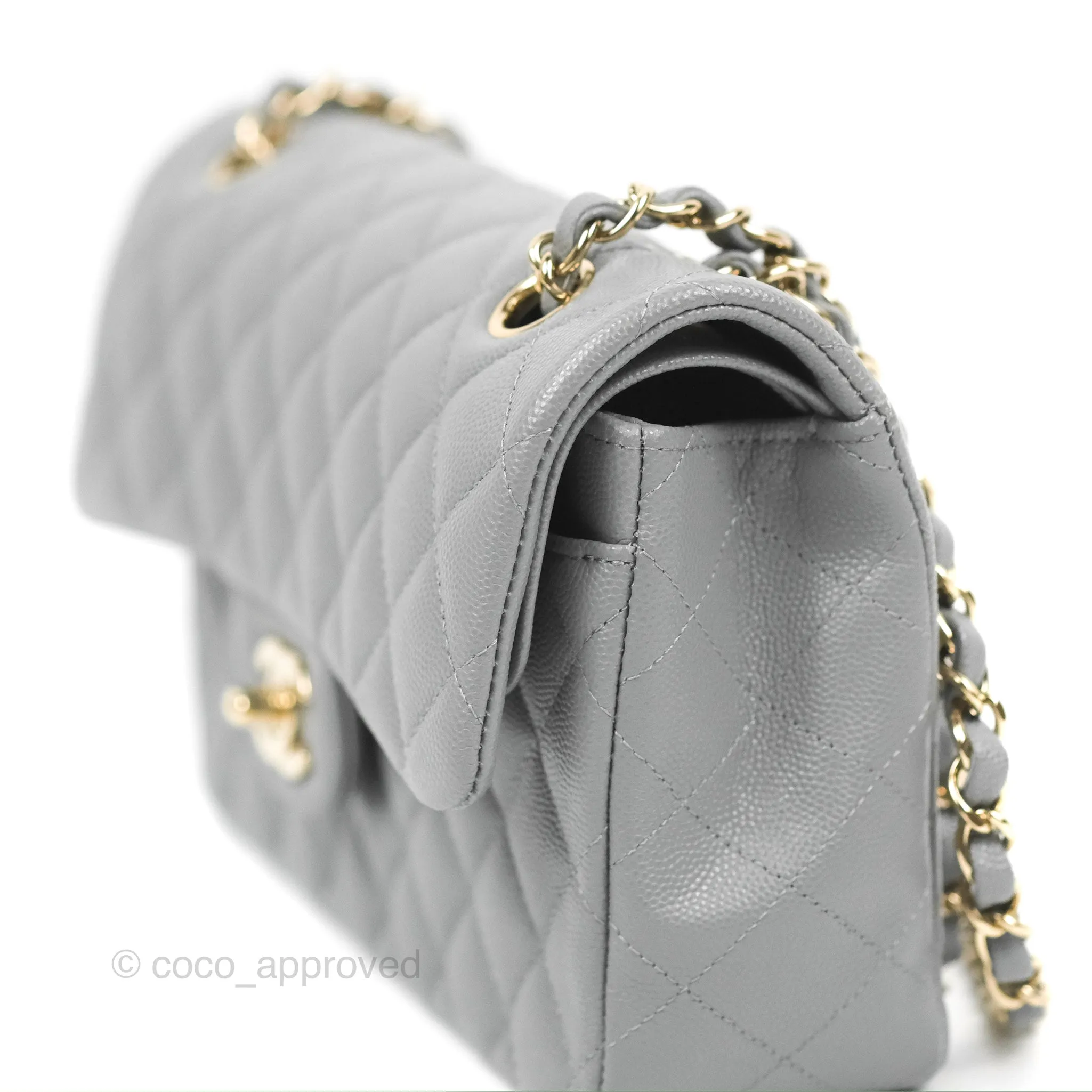 Chanel Small Classic Quilted Flap Grey Caviar Gold Hardware 20C