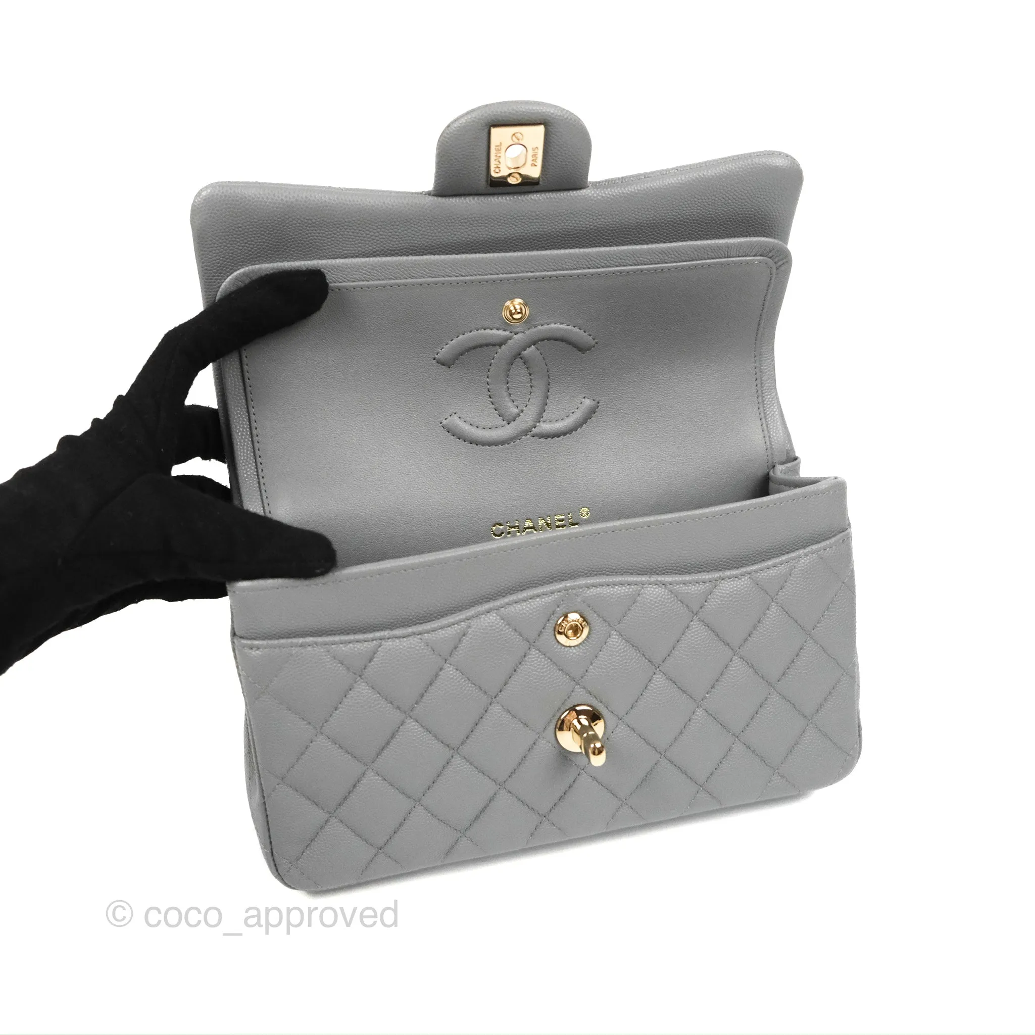 Chanel Small Classic Quilted Flap Grey Caviar Gold Hardware 20C