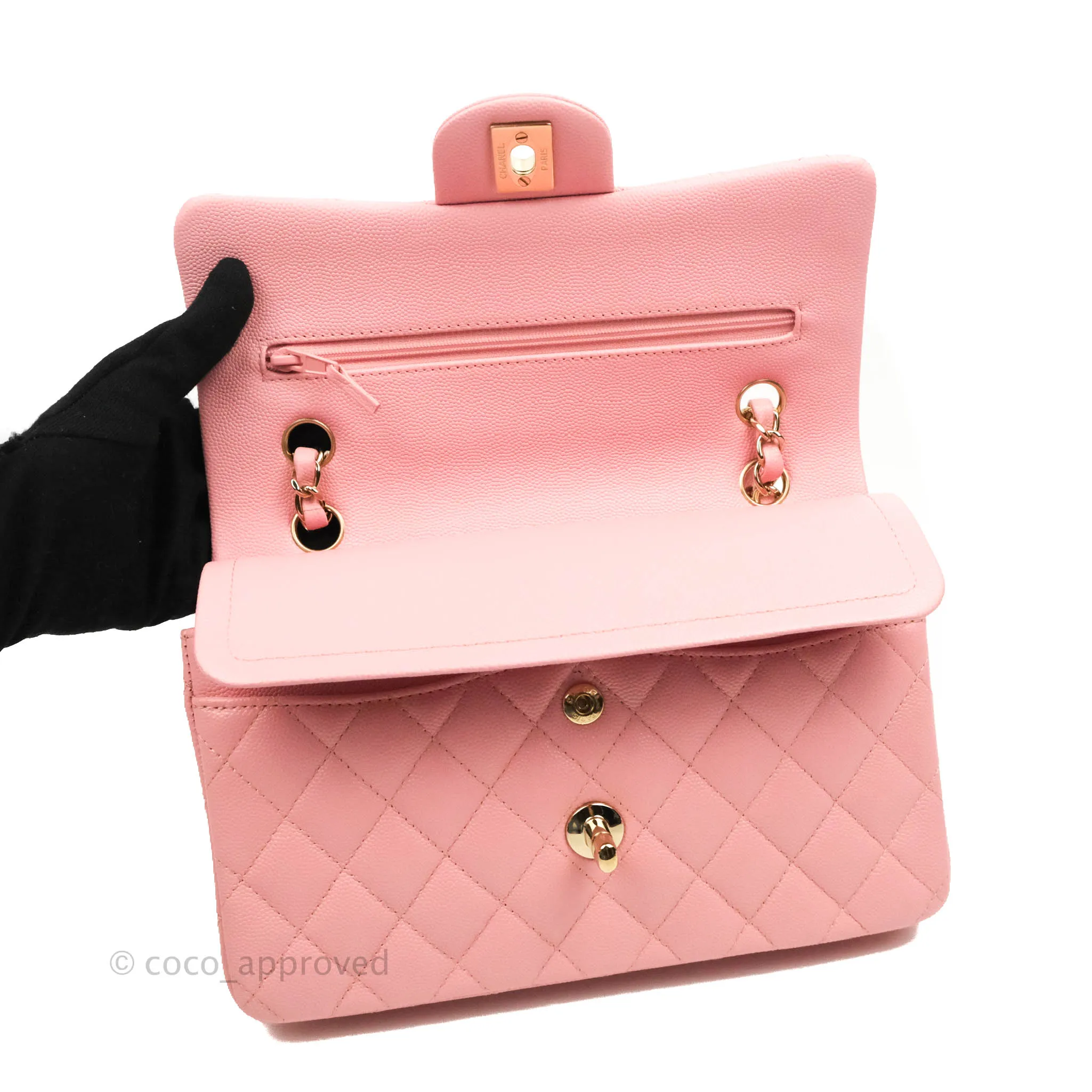 Chanel Small Classic Quilted Flap Pink Caviar Gold Hardware 22C