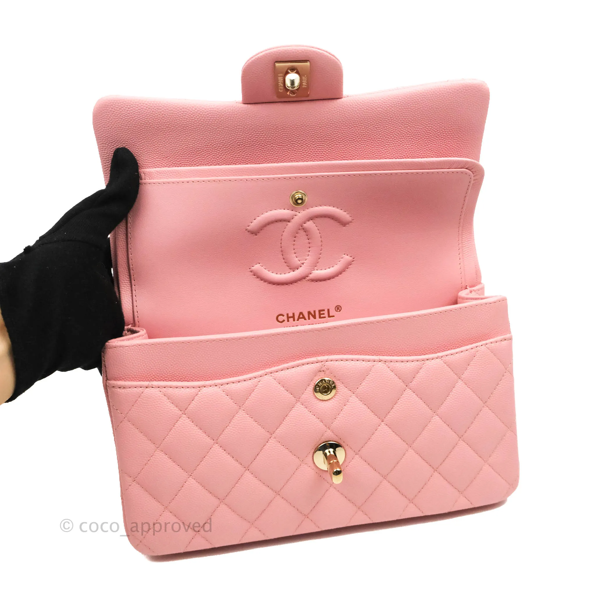 Chanel Small Classic Quilted Flap Pink Caviar Gold Hardware 22C