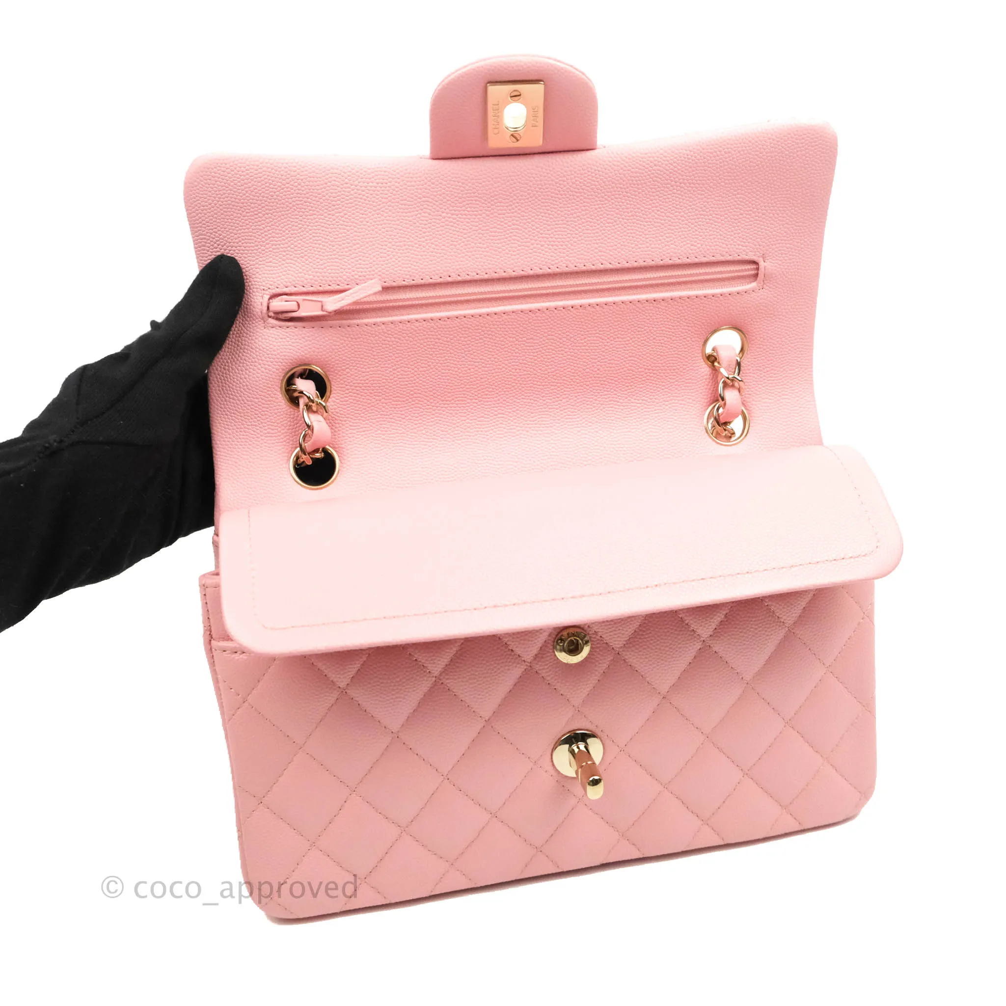 Chanel Small Classic Quilted Flap Pink Caviar Gold Hardware 22C