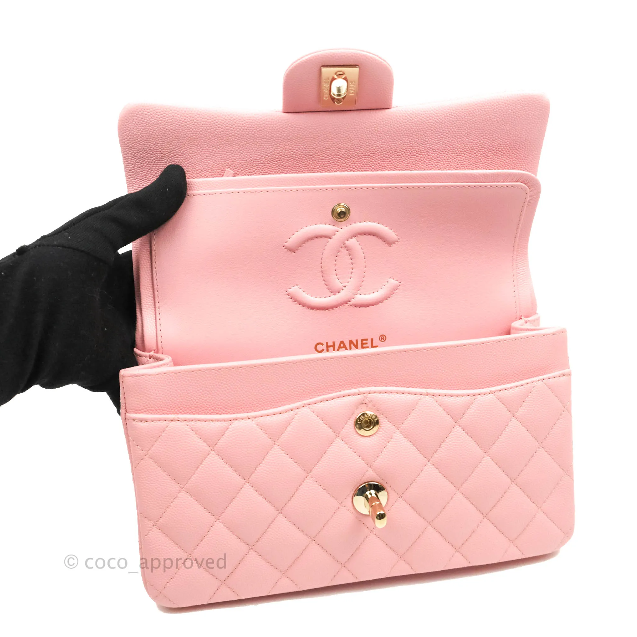 Chanel Small Classic Quilted Flap Pink Caviar Gold Hardware 22C