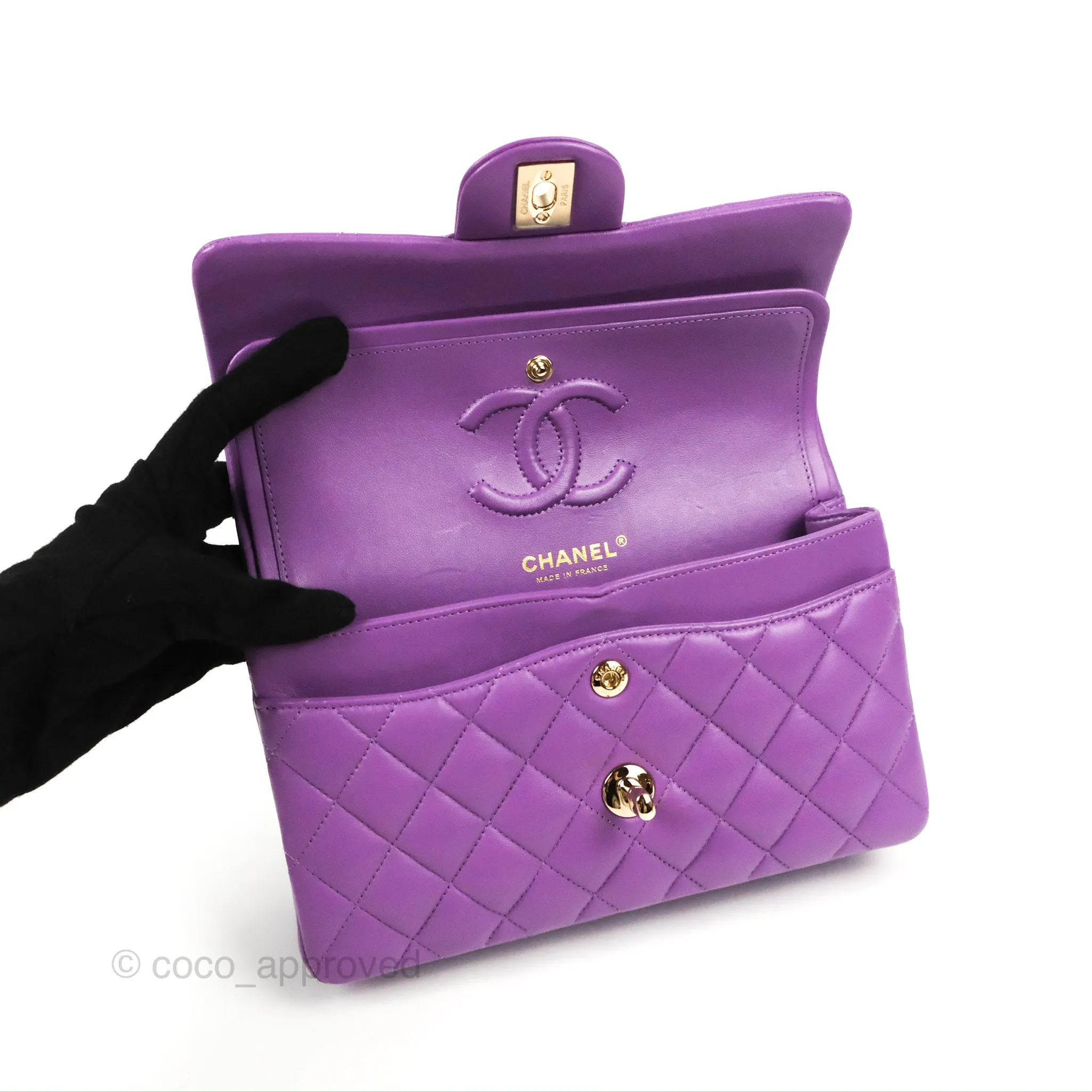 Chanel Small Classic Quilted Flap Purple Lambskin Gold Hardware