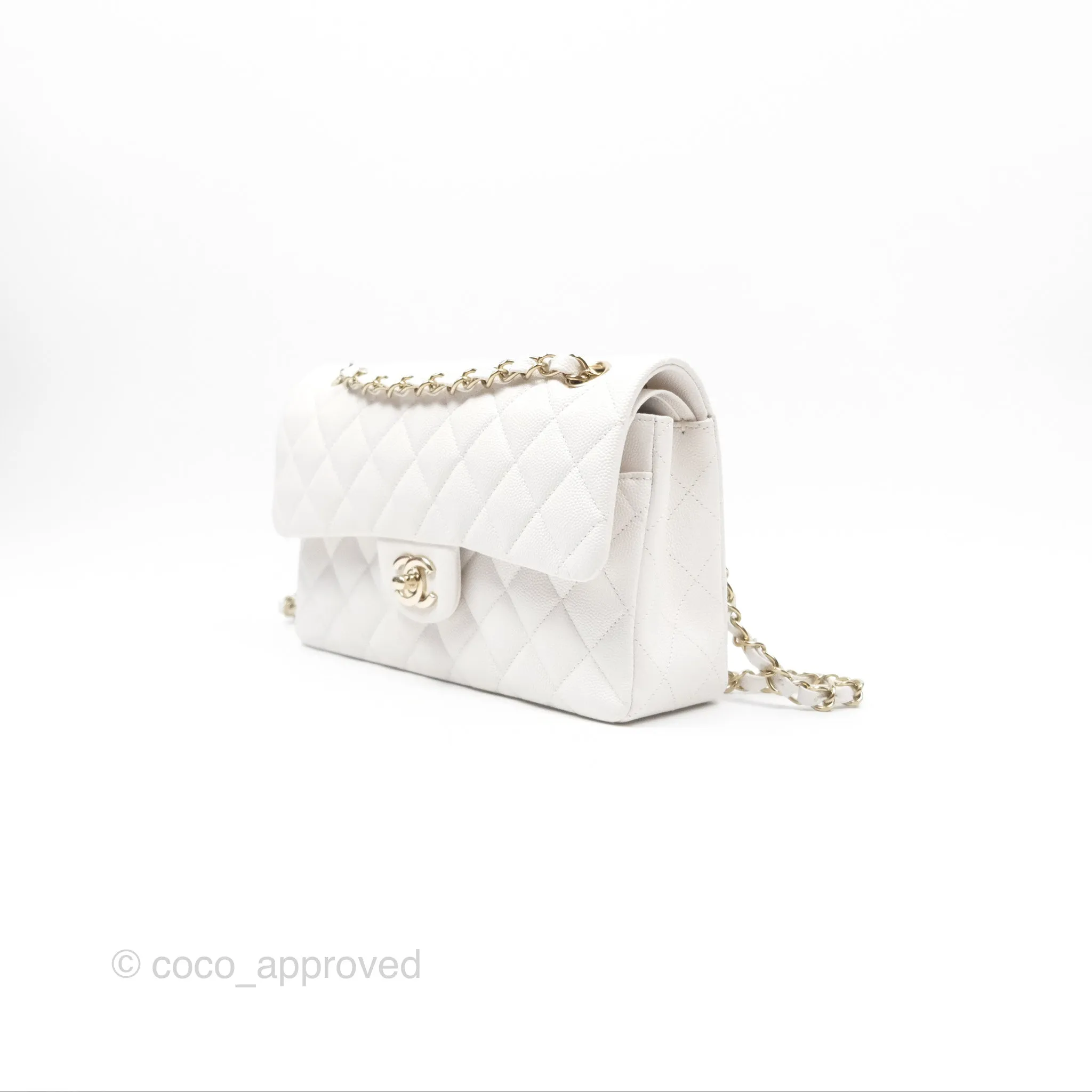 Chanel Small Classic Quilted Flap White Caviar Gold Hardware