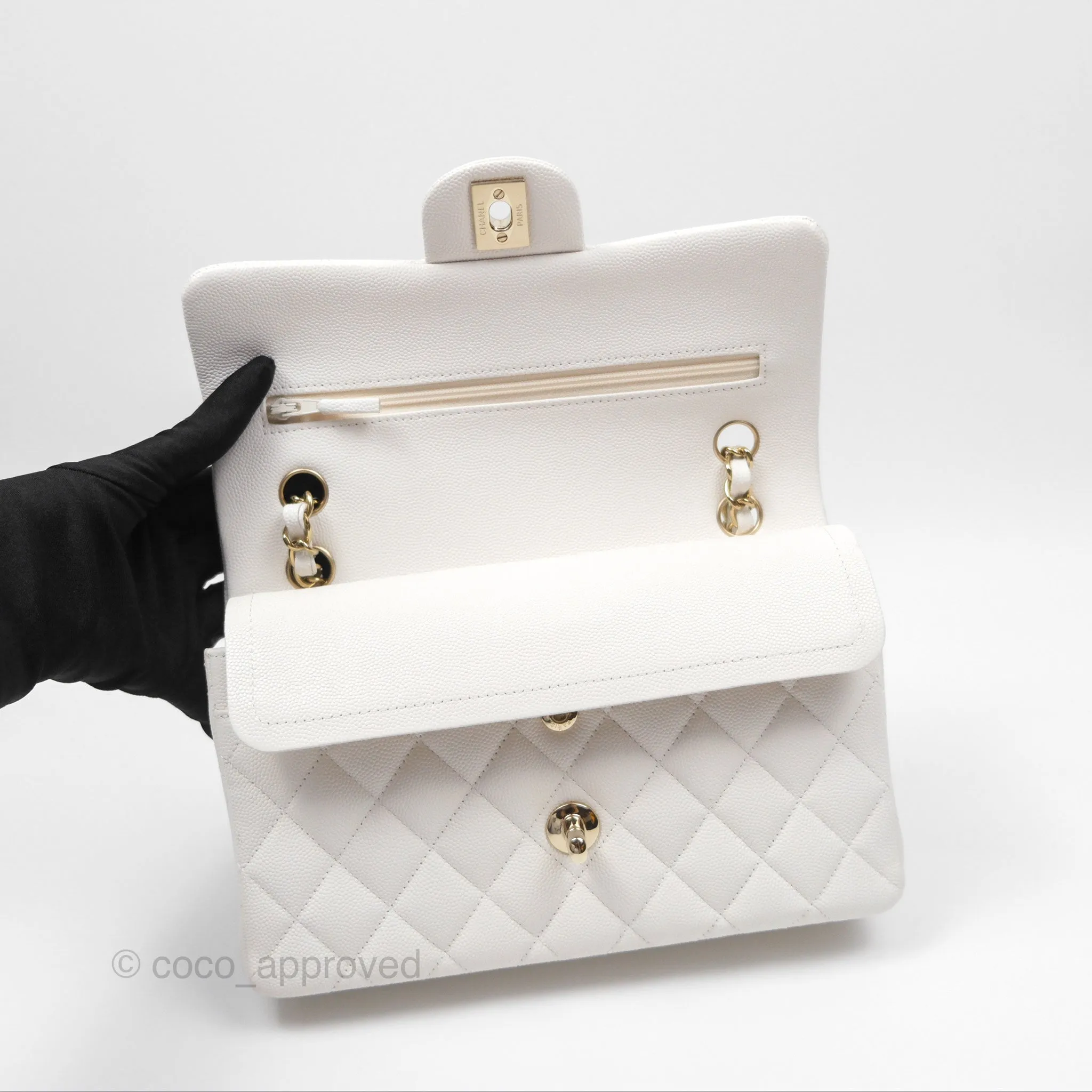 Chanel Small Classic Quilted Flap White Caviar Gold Hardware