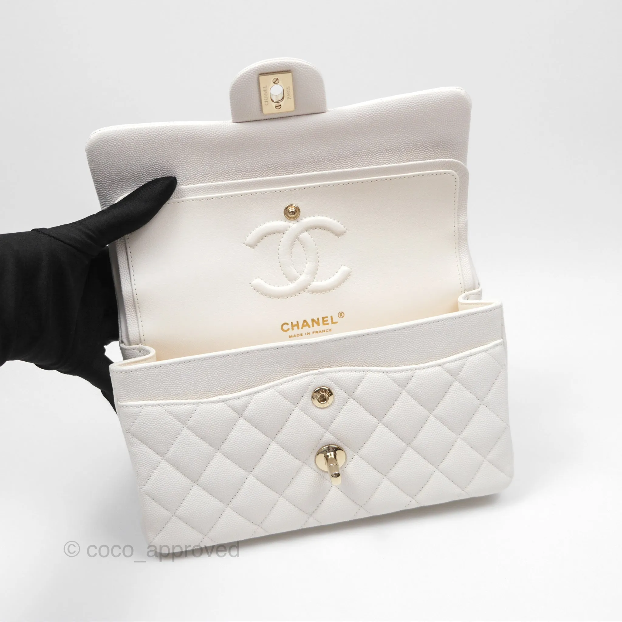 Chanel Small Classic Quilted Flap White Caviar Gold Hardware