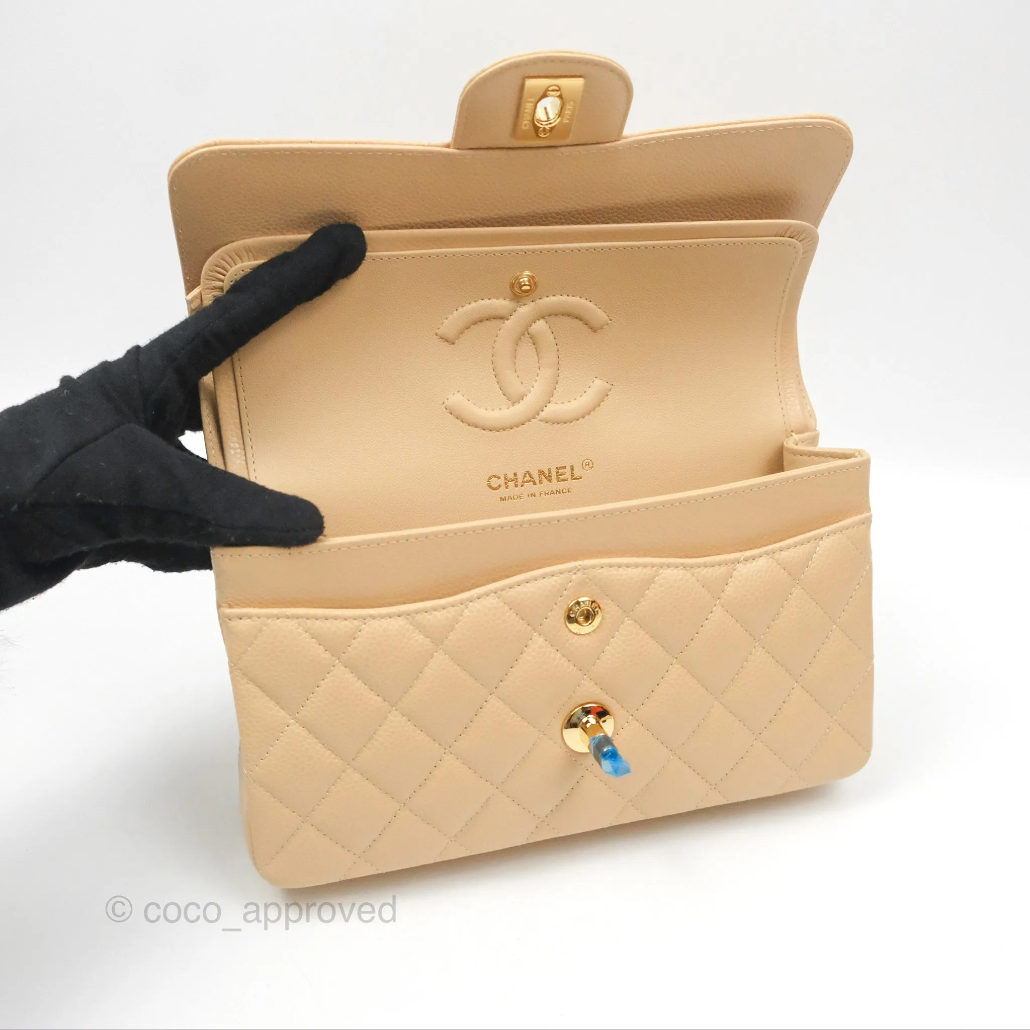 Chanel Small Quilted Classic Flap Beige Caviar Gold Hardware