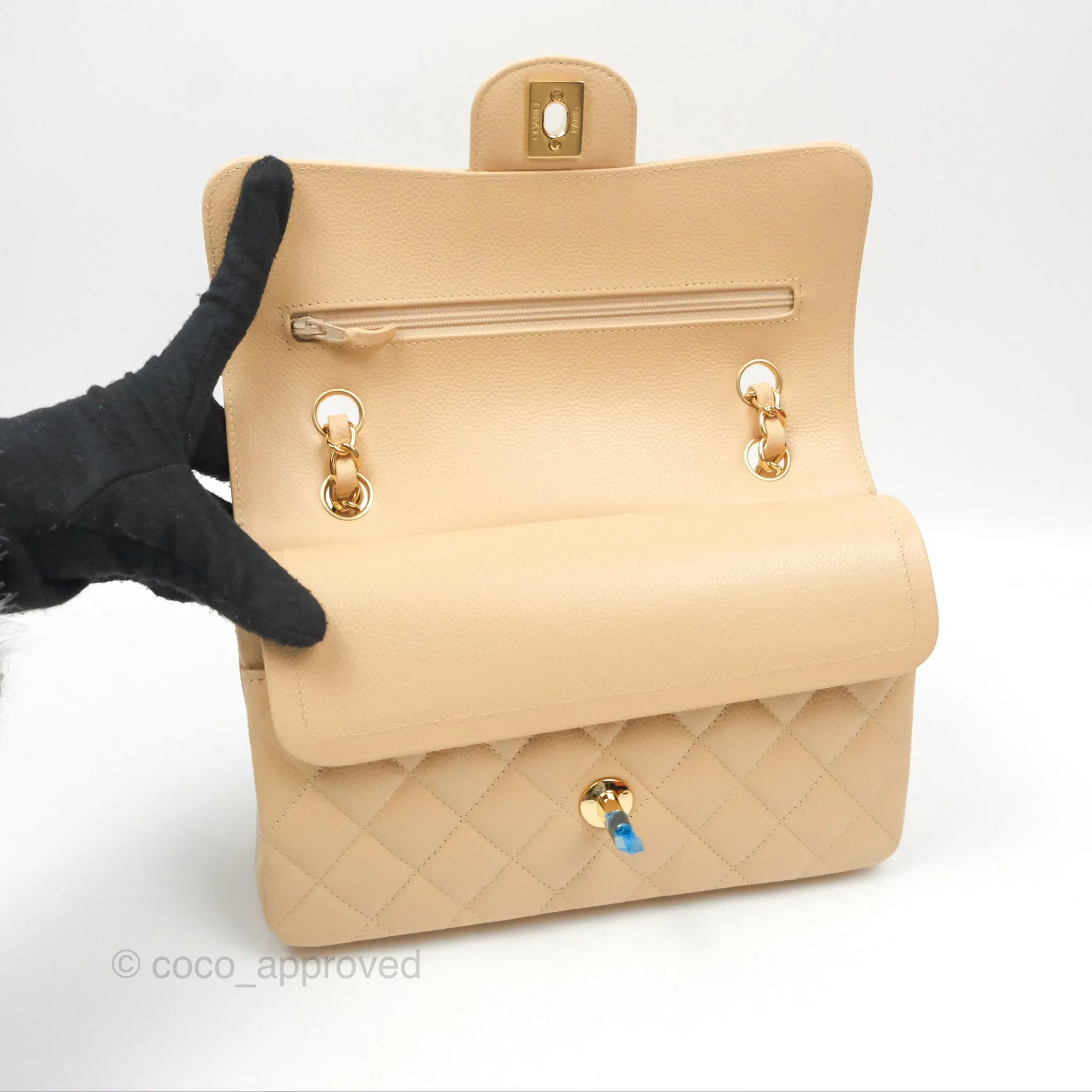 Chanel Small Quilted Classic Flap Beige Caviar Gold Hardware