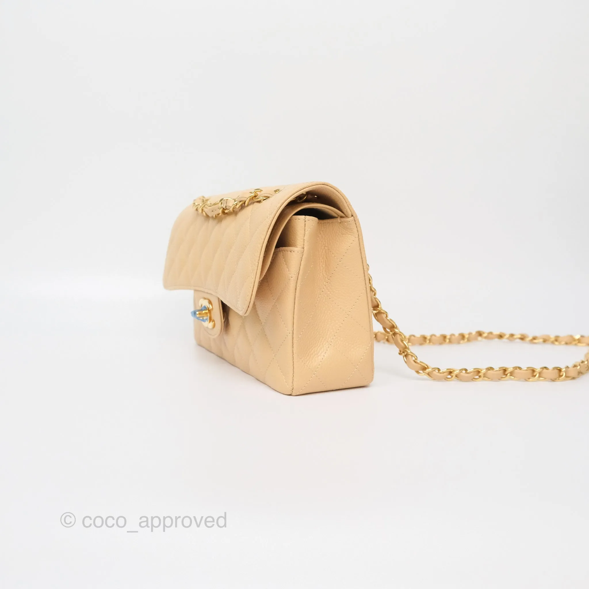 Chanel Small S/M Classic Flap Quilted Beige Caviar Gold Hardware