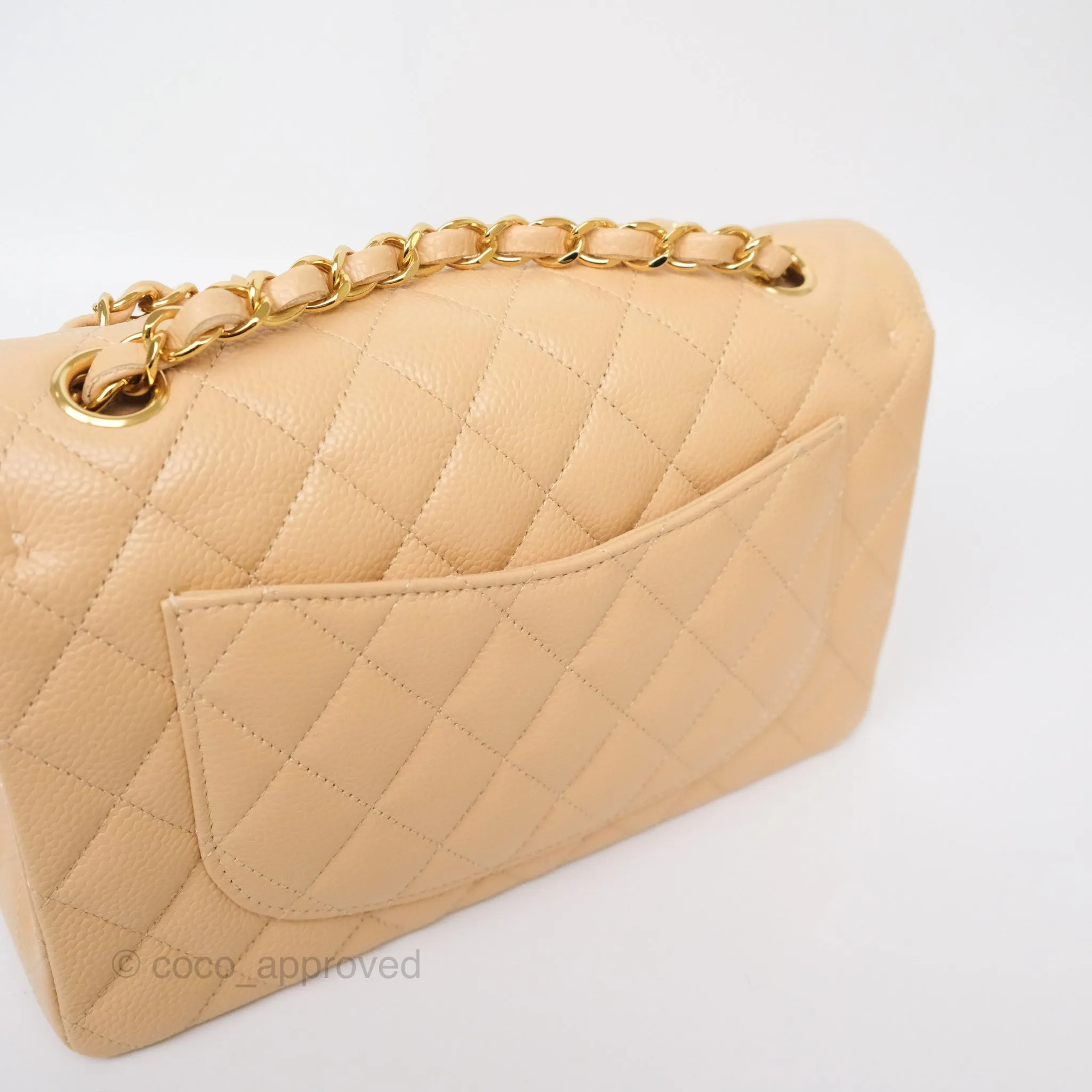 Chanel Small S/M Classic Flap Quilted Beige Caviar Gold Hardware