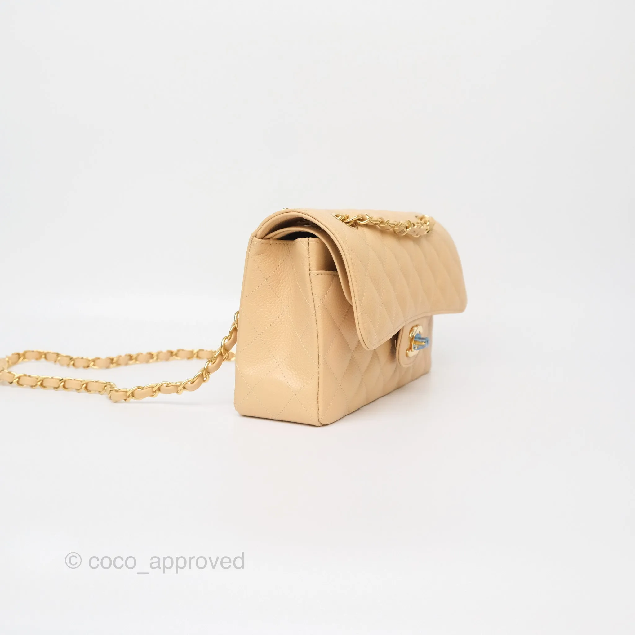 Chanel Small S/M Classic Flap Quilted Beige Caviar Gold Hardware