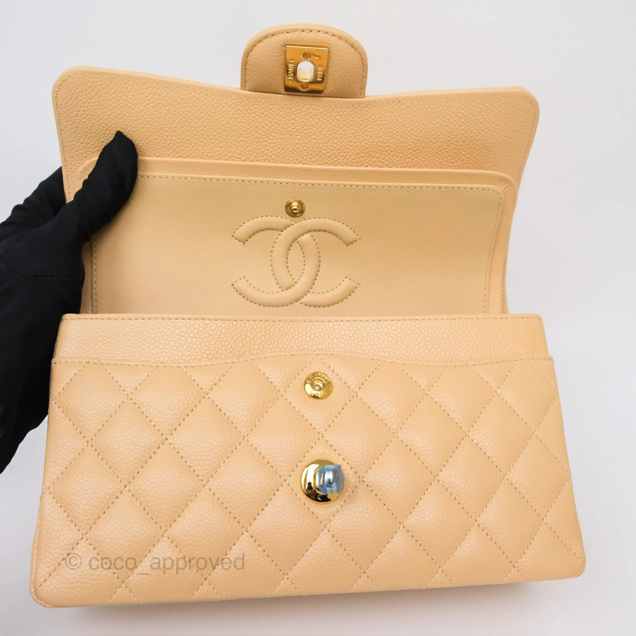 Chanel Small S/M Classic Flap Quilted Beige Caviar Gold Hardware