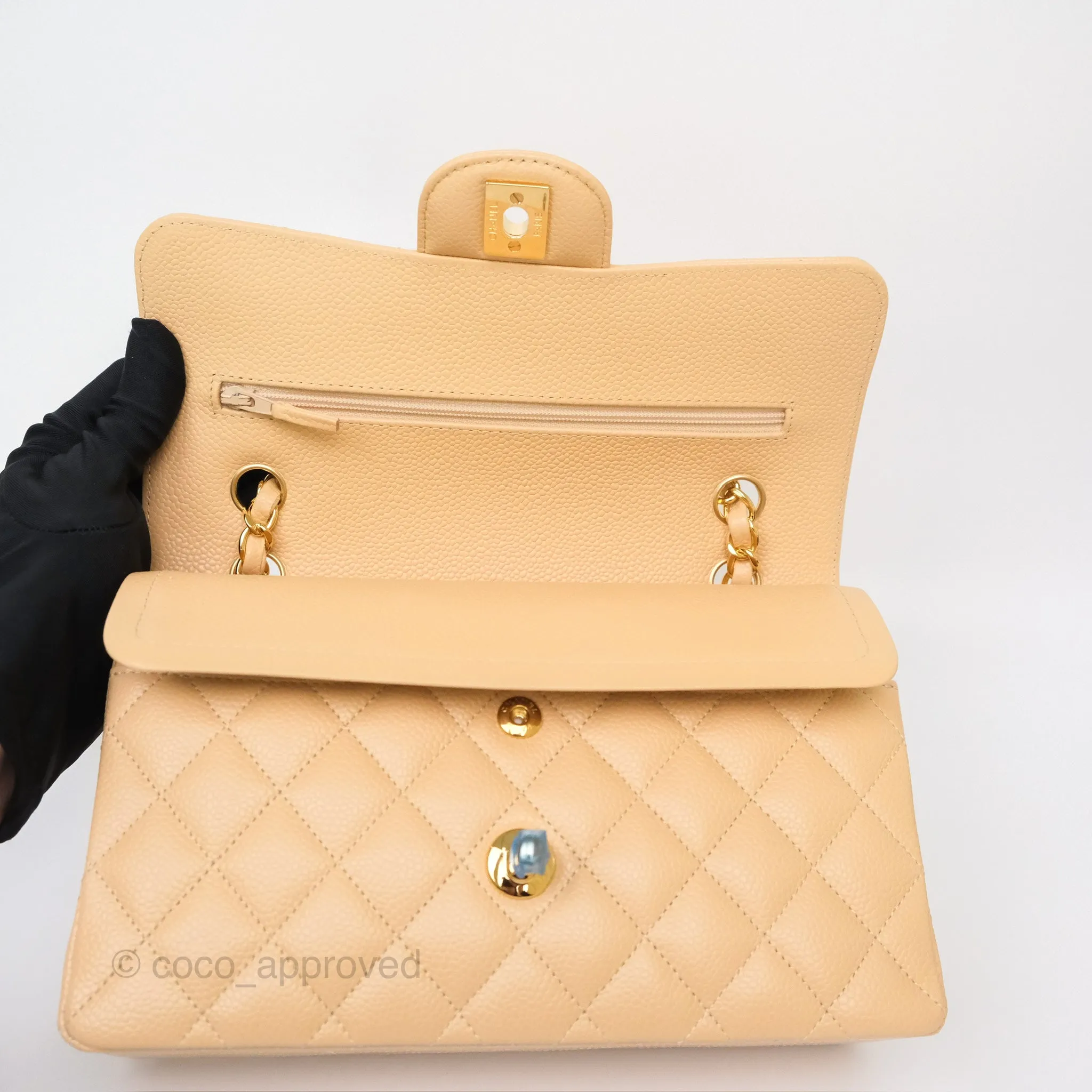 Chanel Small S/M Classic Flap Quilted Beige Caviar Gold Hardware